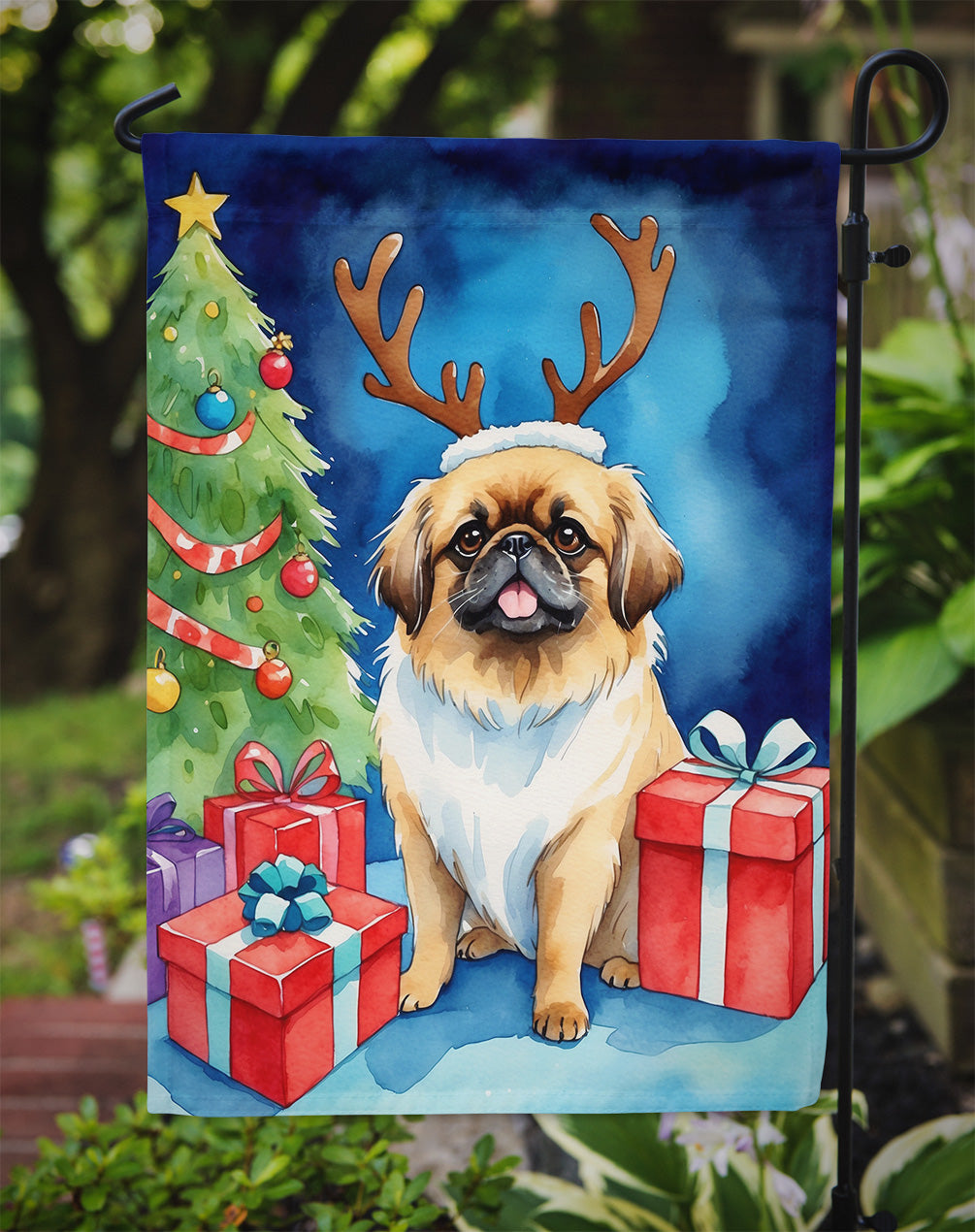 Pekingese Christmas Reindeer Garden Flag Mailbox Decorative Yard Banner Outside Patio Artwork for Flower Beds, Garden Size, Multicolor