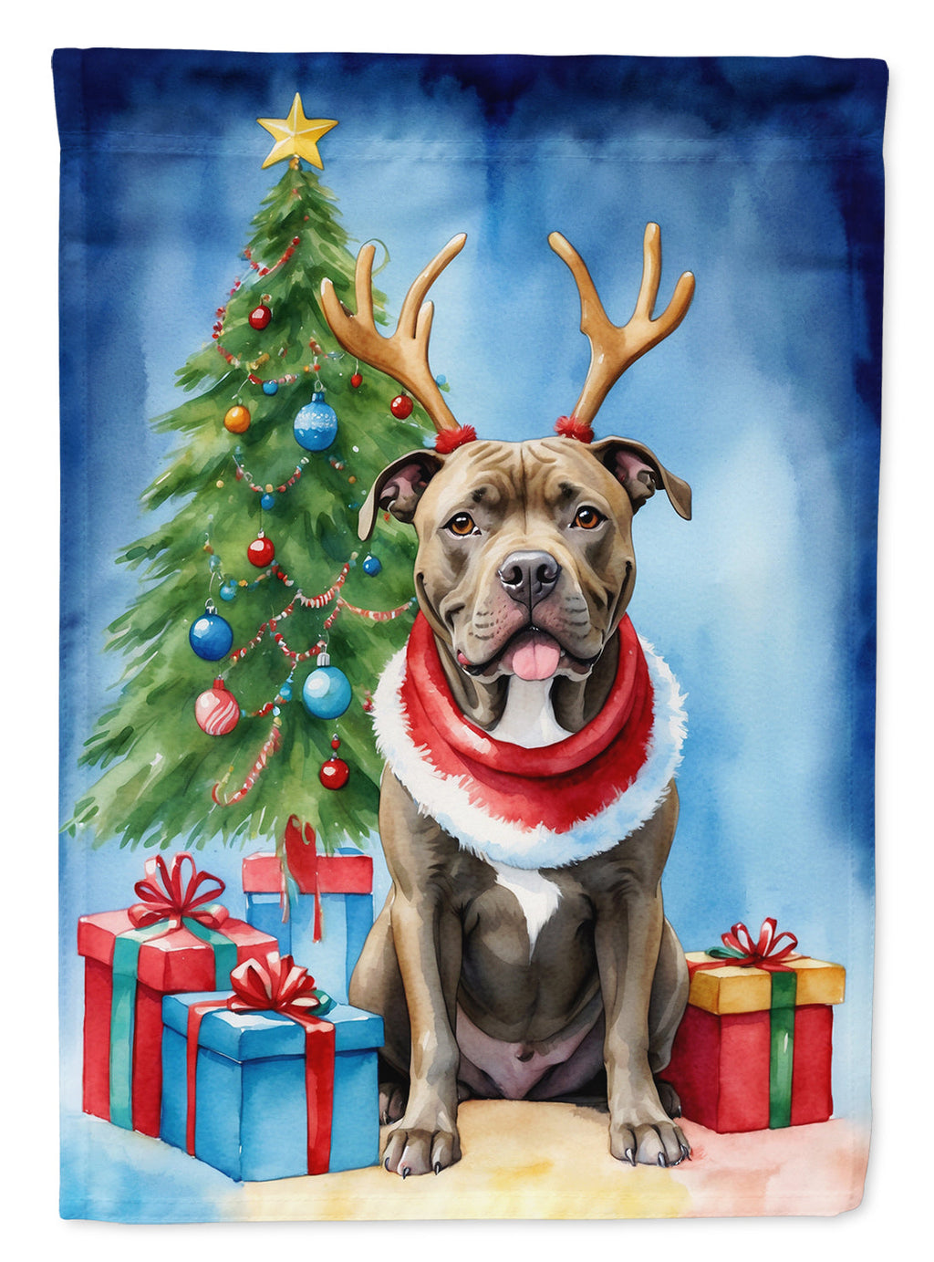 Pit Bull Terrier Christmas Reindeer House Flag 28x40 Porch Sleeve Pole Decorative Outside Yard Banner Artwork Wall Hanging, Polyester