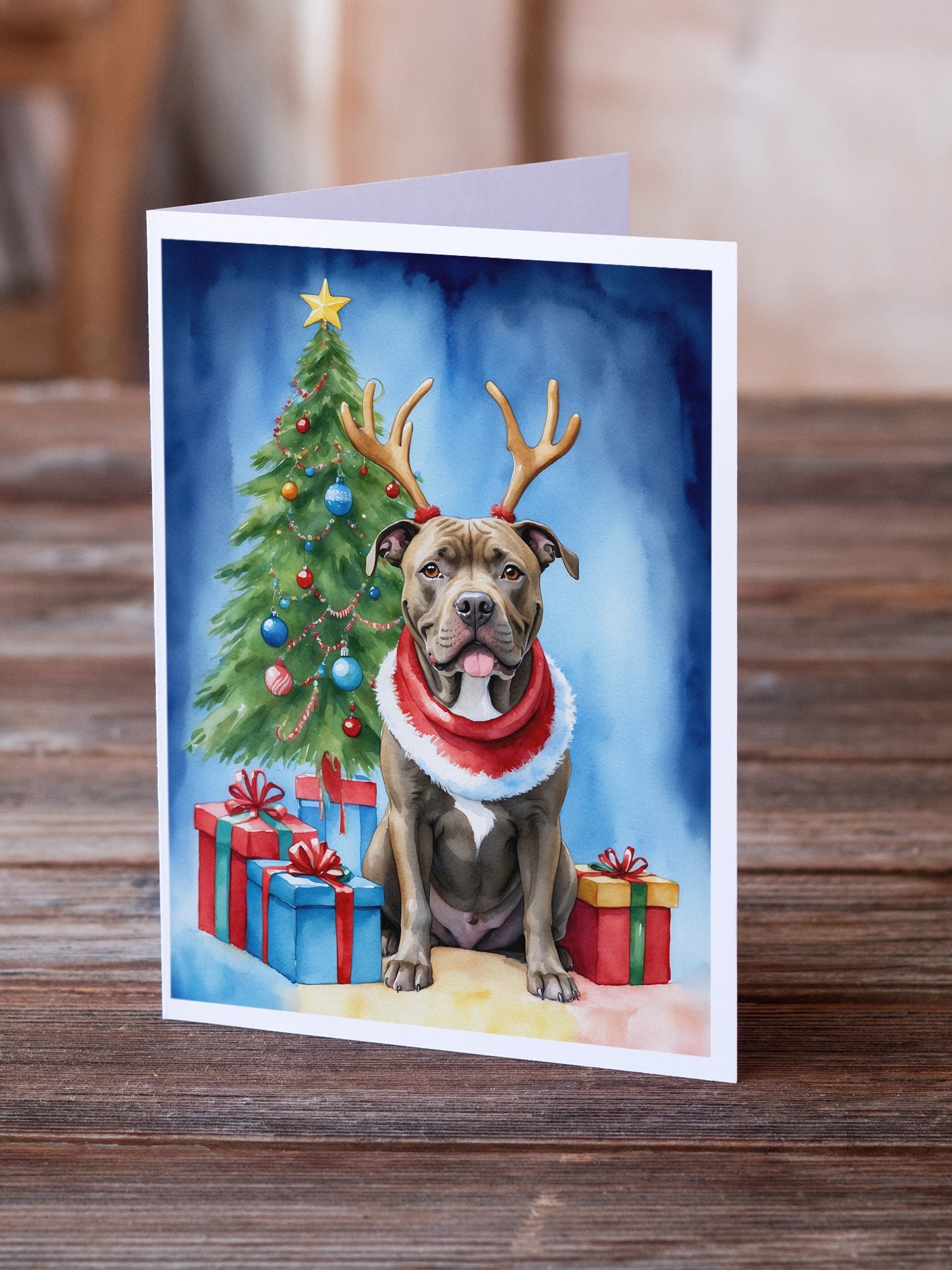 Pit Bull Terrier Christmas Reindeer Greeting Cards Pack of 8 Blank Cards with Envelopes Whimsical A7 Size 5x7