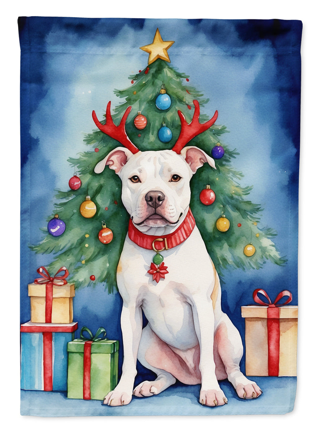 Pit Bull Terrier Christmas Reindeer House Flag 28x40 Porch Sleeve Pole Decorative Outside Yard Banner Artwork Wall Hanging, Polyester
