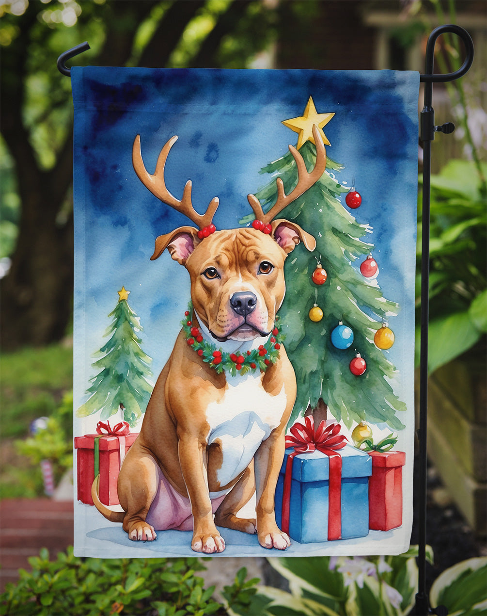 Pit Bull Terrier Christmas Reindeer Garden Flag Mailbox Decorative Yard Banner Outside Patio Artwork for Flower Beds, Garden Size, Multicolor