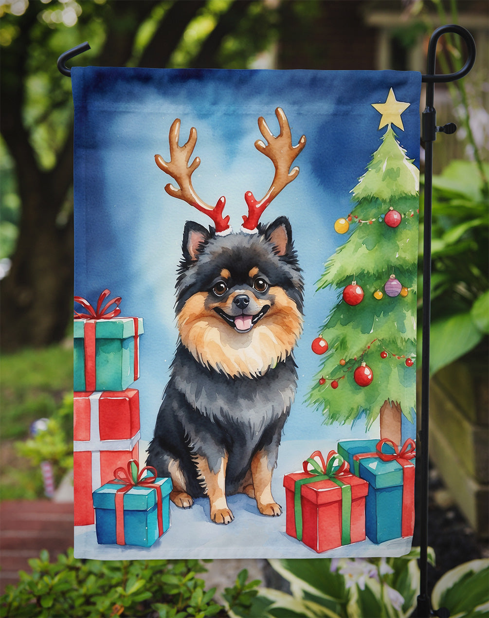 Pomeranian Christmas Reindeer Garden Flag Mailbox Decorative Yard Banner Outside Patio Artwork for Flower Beds, Garden Size, Multicolor