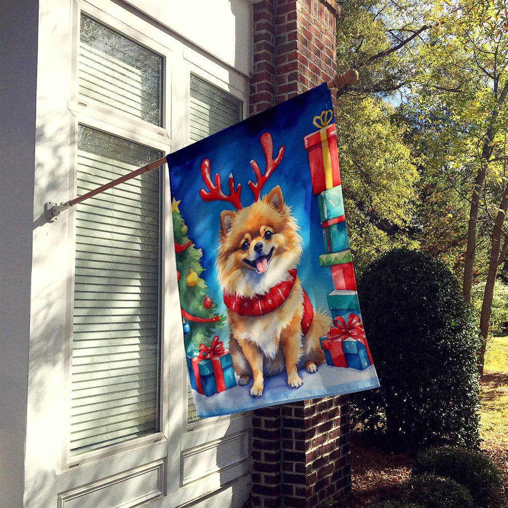 Pomeranian Christmas Reindeer House Flag 28x40 Porch Sleeve Pole Decorative Outside Yard Banner Artwork Wall Hanging, Polyester