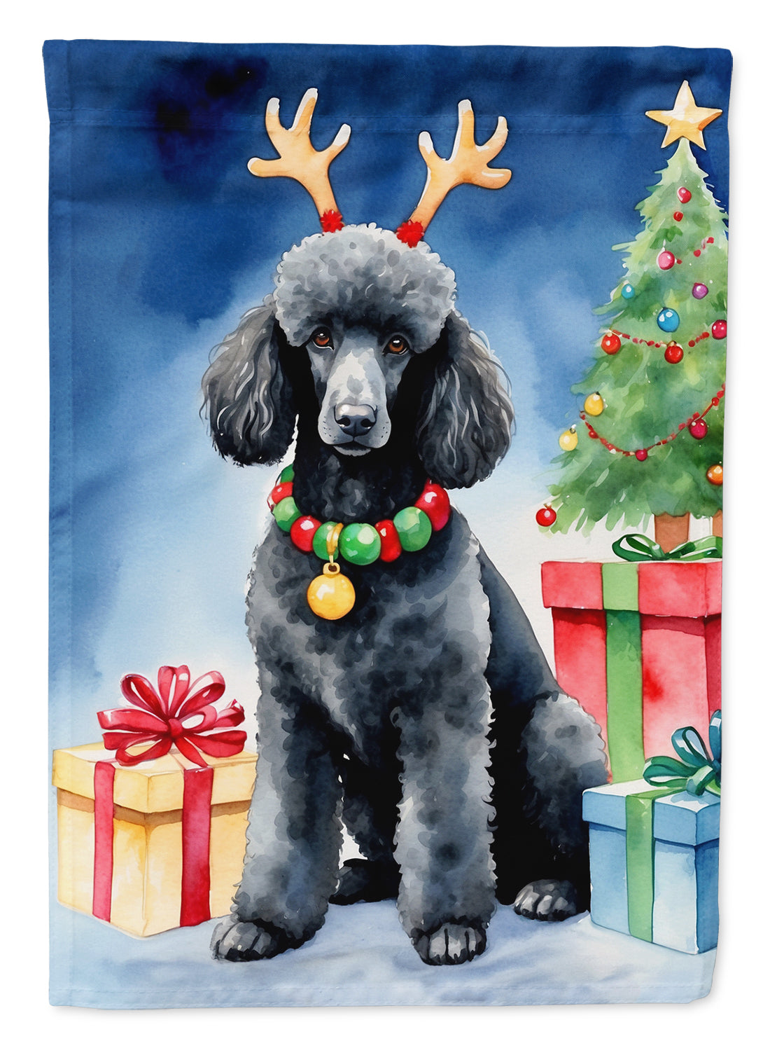 Black Standard Poodle Christmas Reindeer House Flag 28x40 Porch Sleeve Pole Decorative Outside Yard Banner Artwork Wall Hanging, Polyester