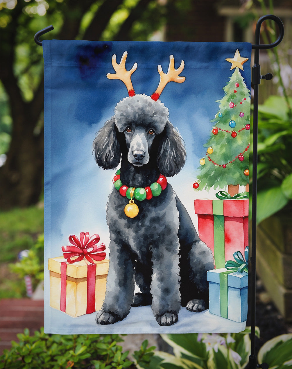 Black Standard Poodle Christmas Reindeer Garden Flag Mailbox Decorative Yard Banner Outside Patio Artwork for Flower Beds, Garden Size, Multicolor