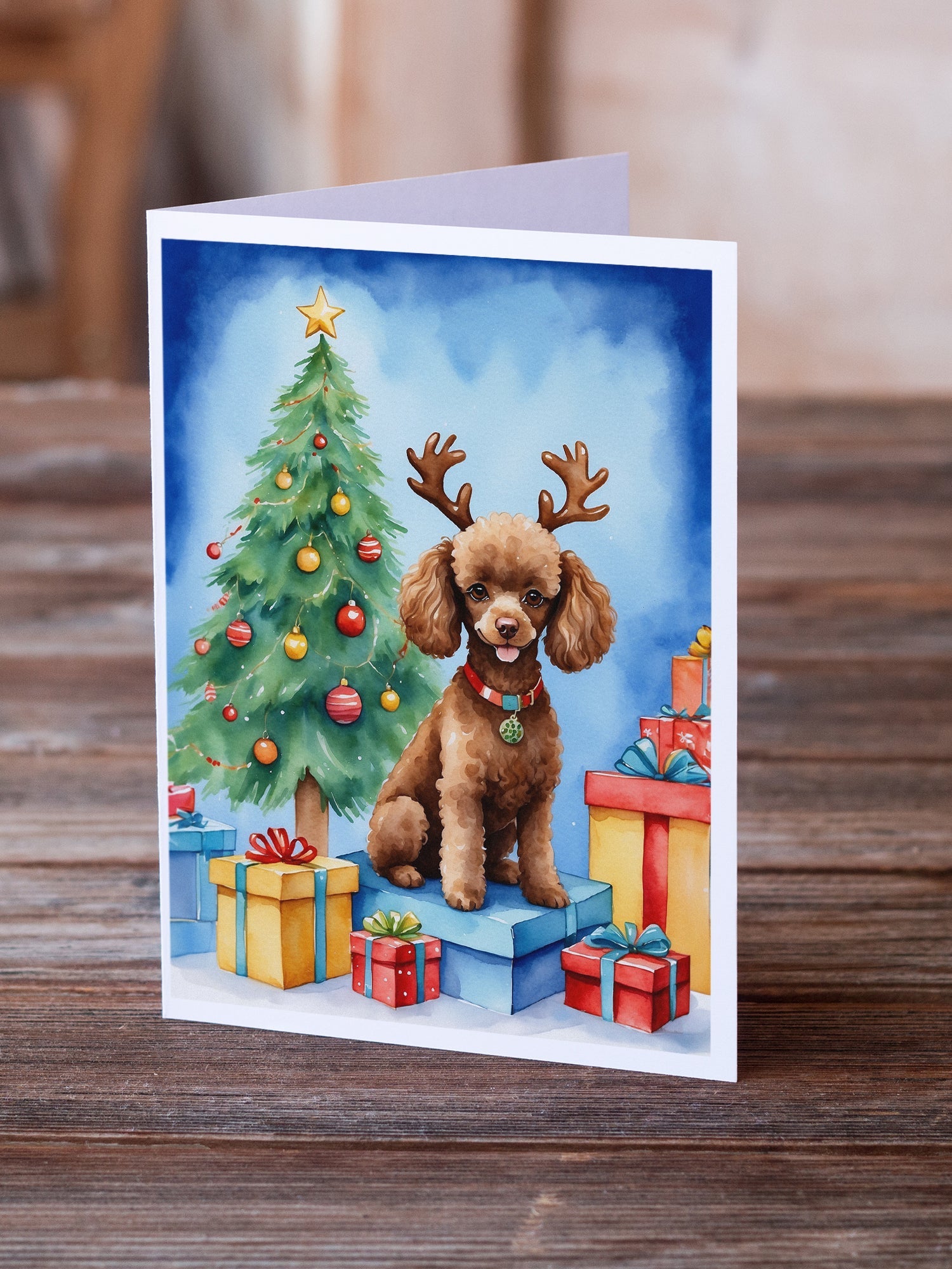 Chocolate Toy Poodle Christmas Reindeer Greeting Cards Pack of 8 Blank Cards with Envelopes Whimsical A7 Size 5x7