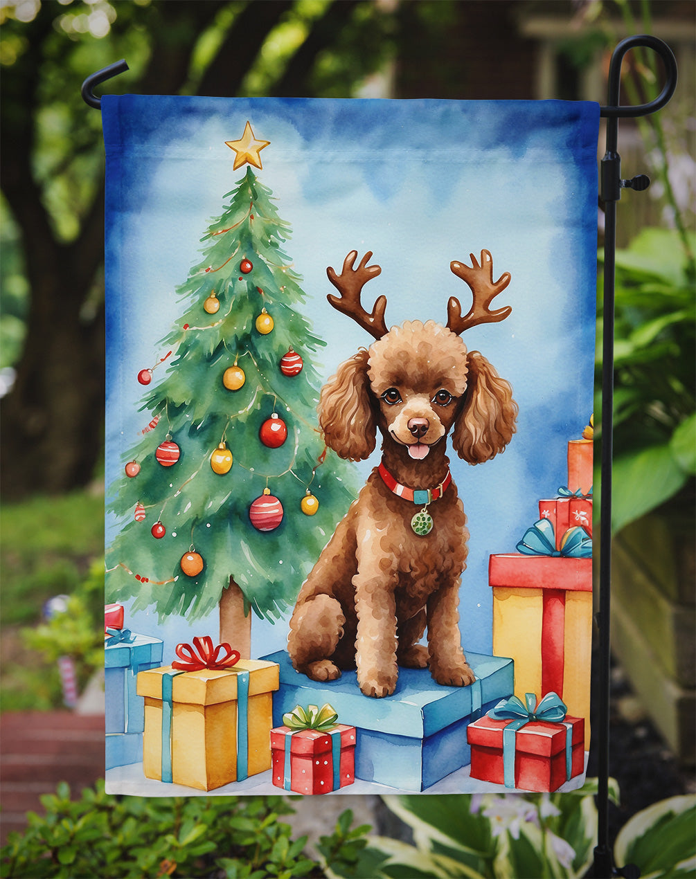 Chocolate Toy Poodle Christmas Reindeer Garden Flag Mailbox Decorative Yard Banner Outside Patio Artwork for Flower Beds, Garden Size, Multicolor