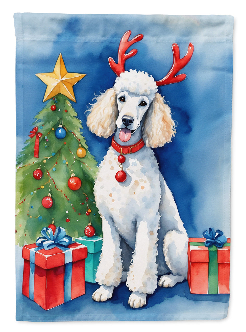 White Standard Poodle Christmas Reindeer House Flag 28x40 Porch Sleeve Pole Decorative Outside Yard Banner Artwork Wall Hanging, Polyester