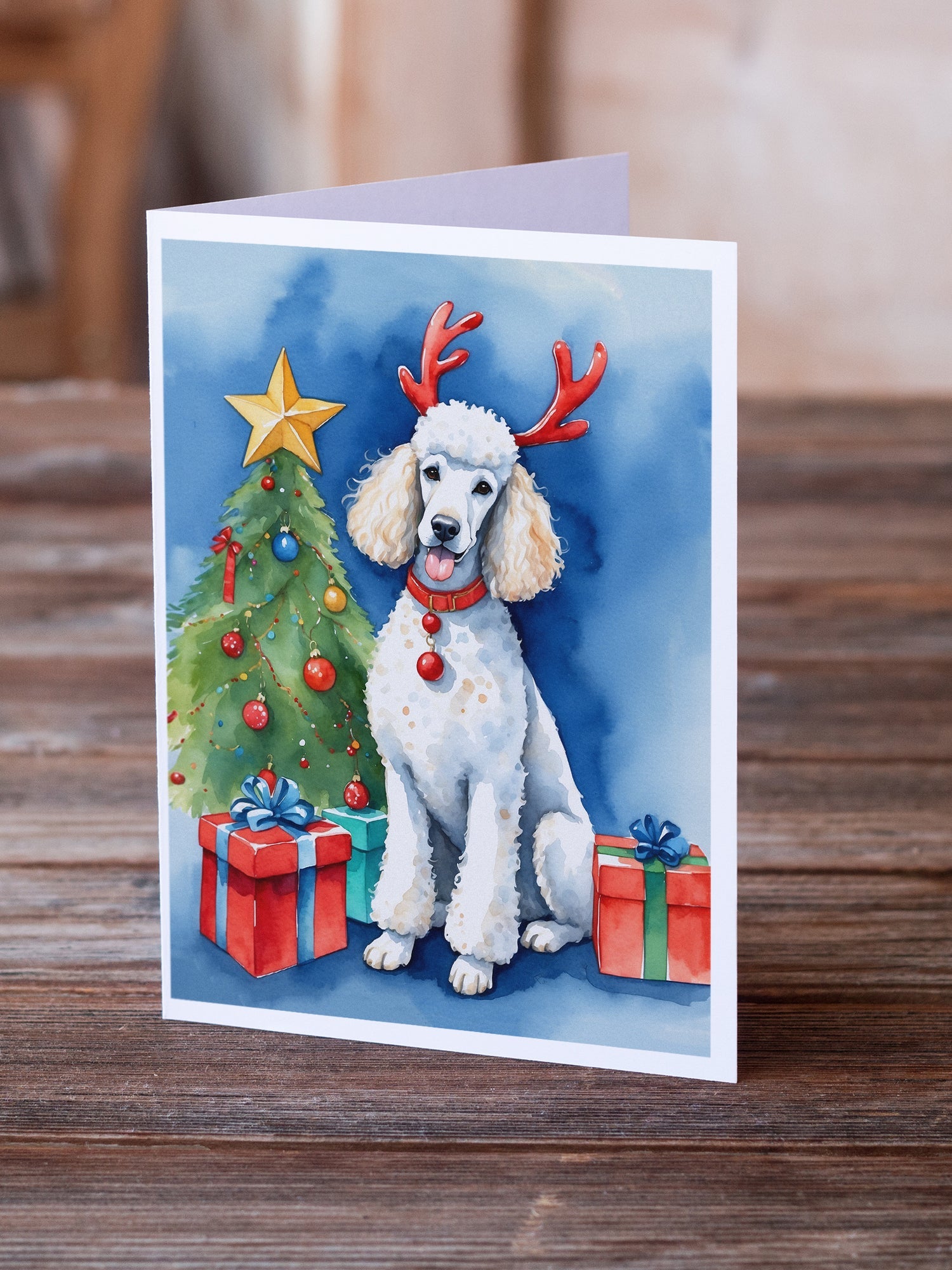White Standard Poodle Christmas Reindeer Greeting Cards Pack of 8 Blank Cards with Envelopes Whimsical A7 Size 5x7