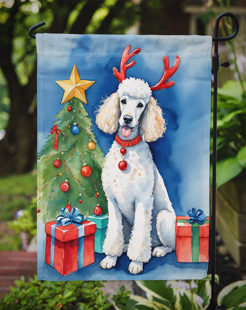 White Standard Poodle Christmas Reindeer Garden Flag Mailbox Decorative Yard Banner Outside Patio Artwork for Flower Beds, Garden Size, Multicolor