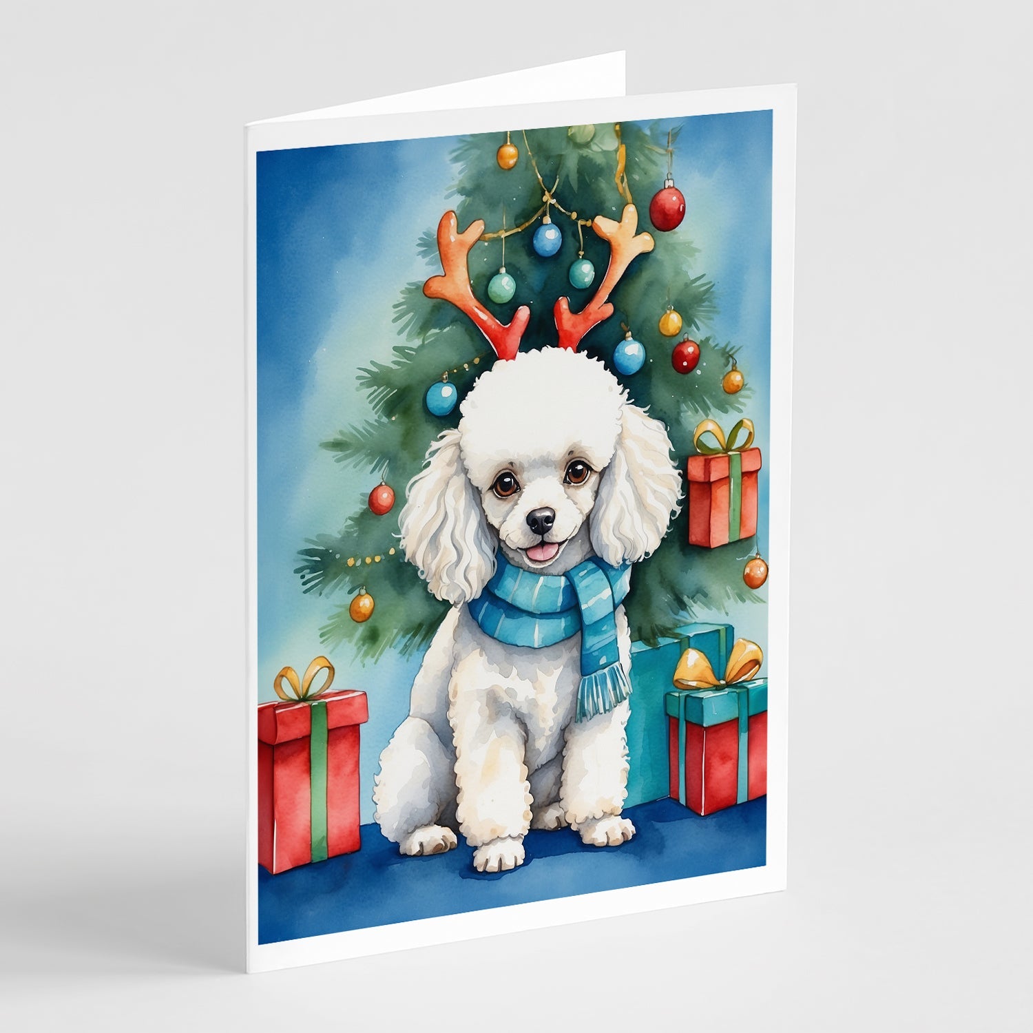 White Toy Poodle Christmas Reindeer Greeting Cards Pack of 8 Blank Cards with Envelopes Whimsical A7 Size 5x7