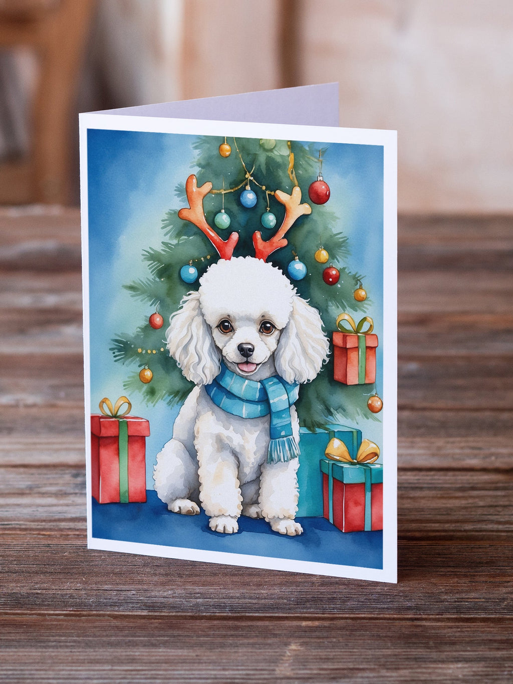 White Toy Poodle Christmas Reindeer Greeting Cards Pack of 8 Blank Cards with Envelopes Whimsical A7 Size 5x7