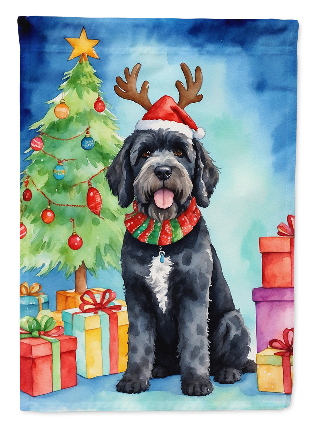 Portuguese Water Dog Christmas Reindeer House Flag 28x40 Porch Sleeve Pole Decorative Outside Yard Banner Artwork Wall Hanging, Polyester