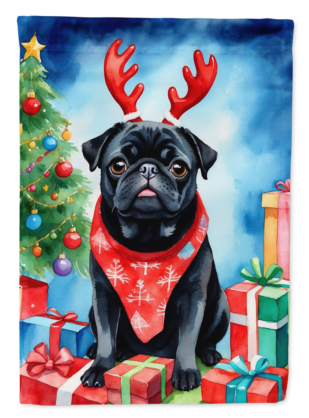 Black Pug Christmas Reindeer House Flag 28x40 Porch Sleeve Pole Decorative Outside Yard Banner Artwork Wall Hanging, Polyester