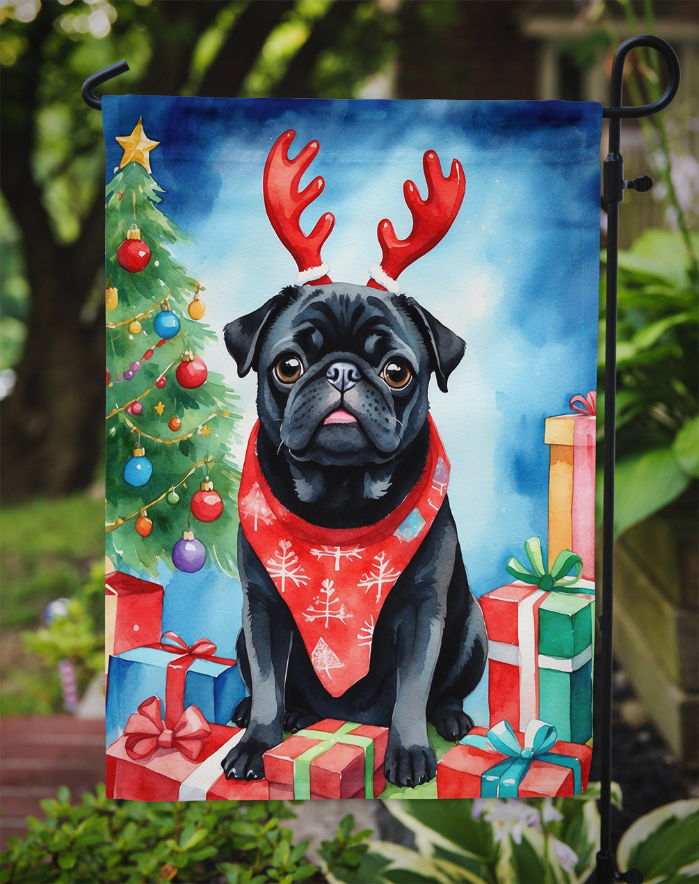 Black Pug Christmas Reindeer Garden Flag Mailbox Decorative Yard Banner Outside Patio Artwork for Flower Beds, Garden Size, Multicolor