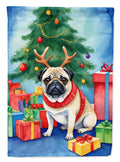 Pug Christmas Reindeer House Flag 28x40 Porch Sleeve Pole Decorative Outside Yard Banner Artwork Wall Hanging, Polyester