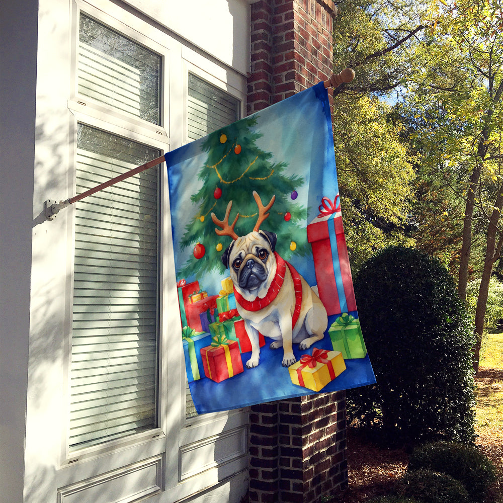 Pug Christmas Reindeer House Flag 28x40 Porch Sleeve Pole Decorative Outside Yard Banner Artwork Wall Hanging, Polyester