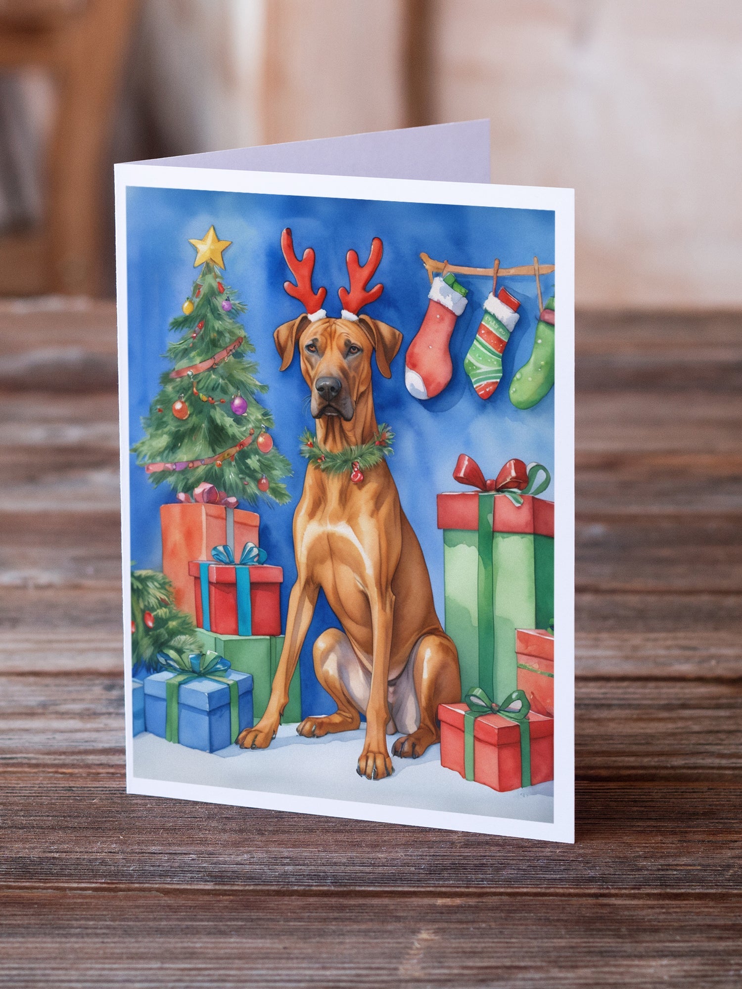 Rhodesian Ridgeback Christmas Reindeer Greeting Cards Pack of 8 Blank Cards with Envelopes Whimsical A7 Size 5x7