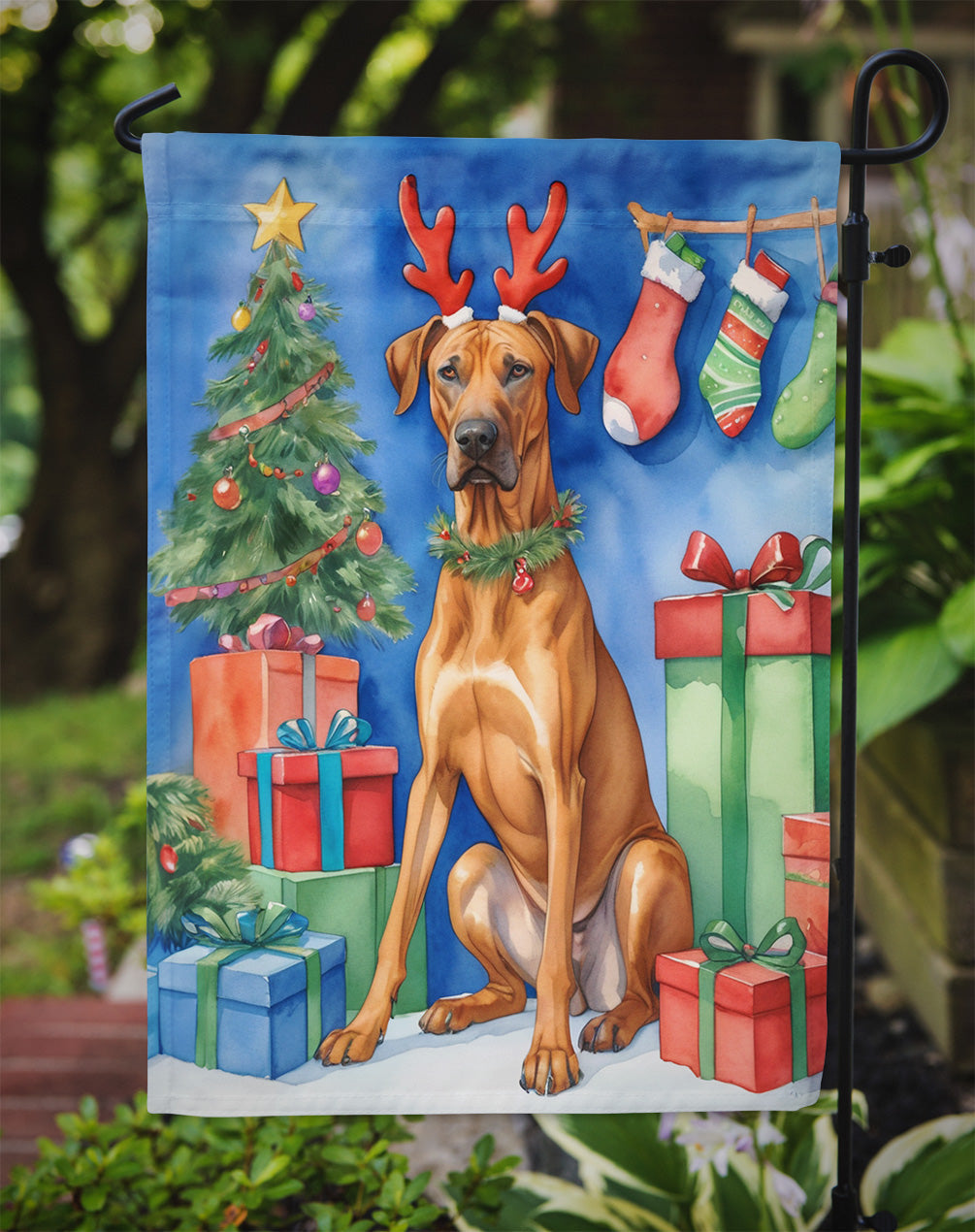 Rhodesian Ridgeback Christmas Reindeer Garden Flag Mailbox Decorative Yard Banner Outside Patio Artwork for Flower Beds, Garden Size, Multicolor