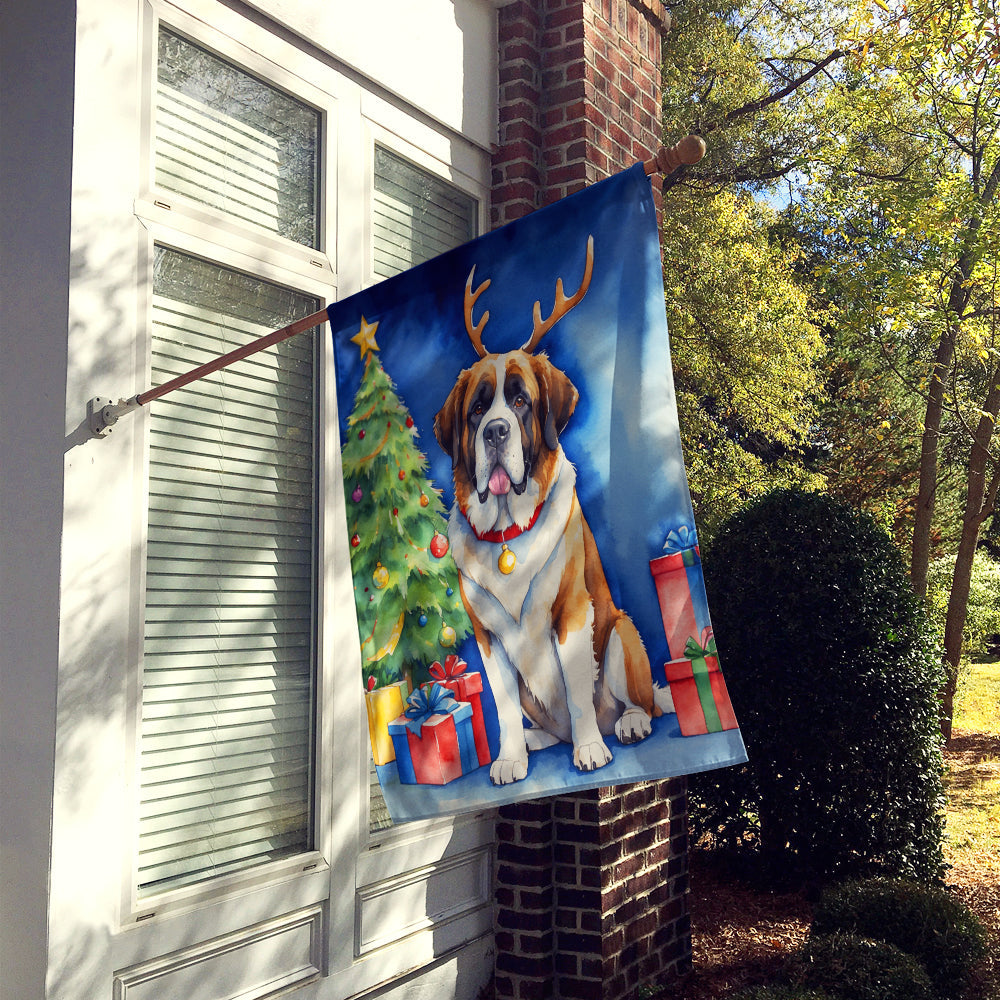 Saint Bernard Christmas Reindeer House Flag 28x40 Porch Sleeve Pole Decorative Outside Yard Banner Artwork Wall Hanging, Polyester