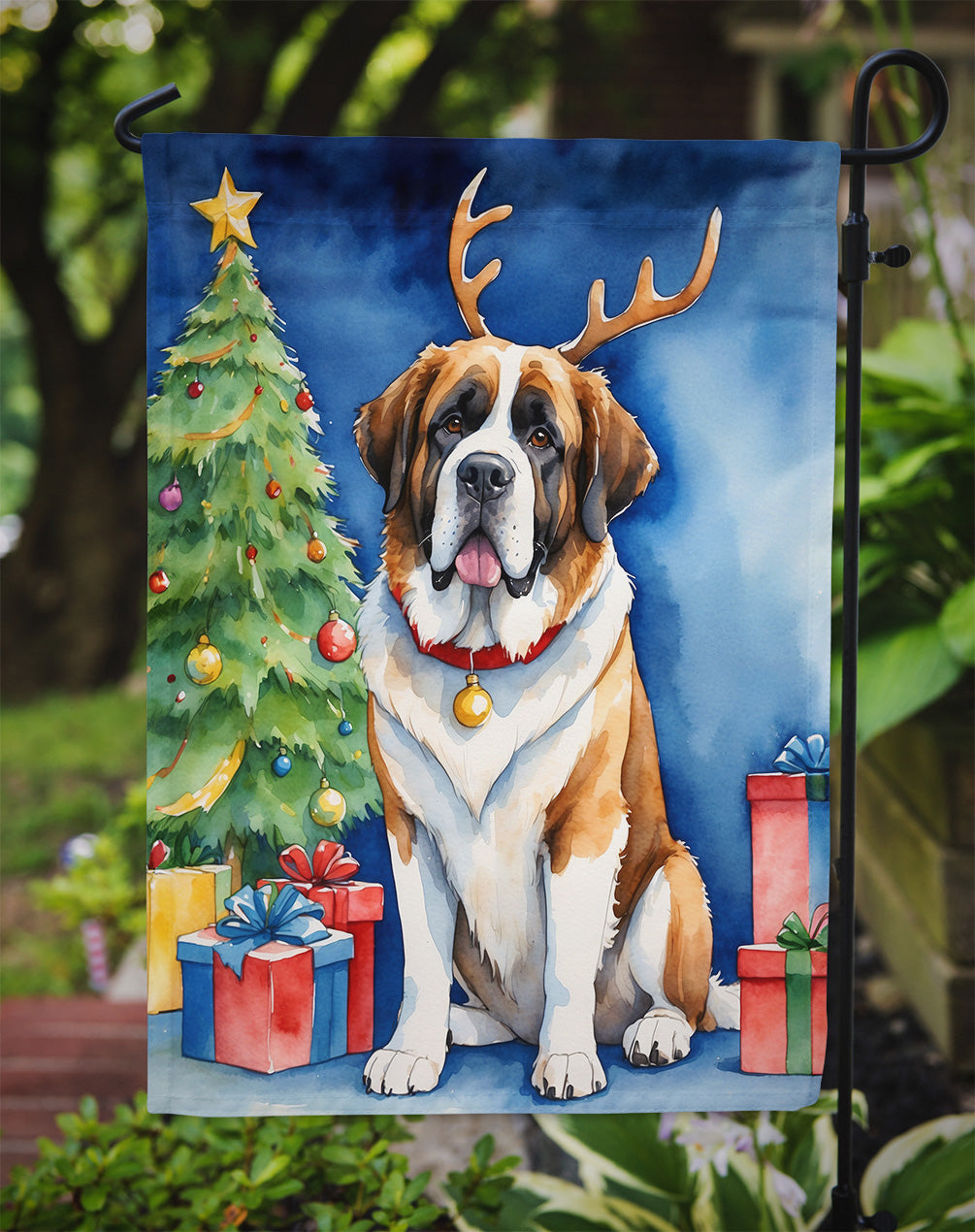 Saint Bernard Christmas Reindeer Garden Flag Mailbox Decorative Yard Banner Outside Patio Artwork for Flower Beds, Garden Size, Multicolor