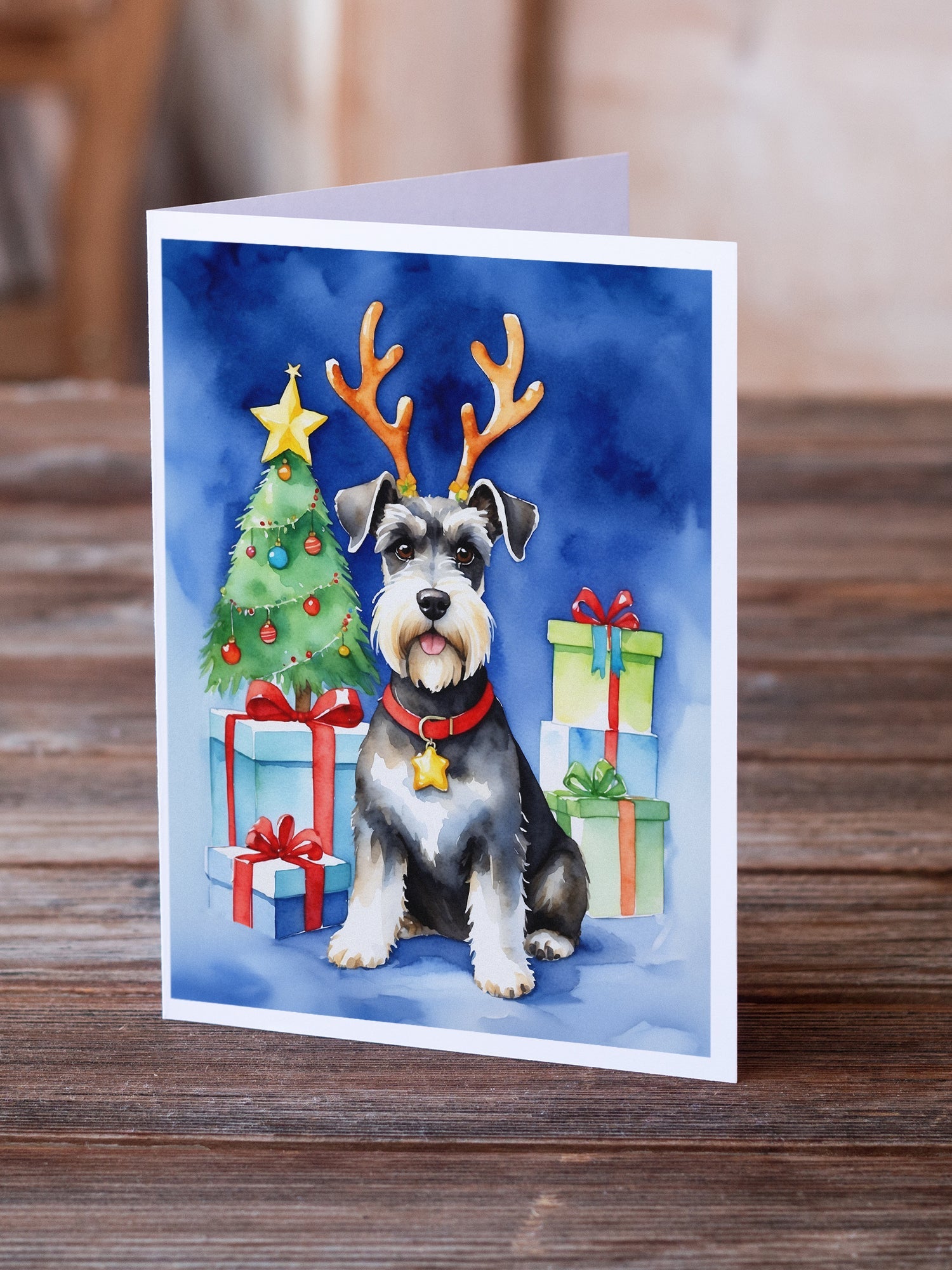 Schnauzer Christmas Reindeer Greeting Cards Pack of 8 Blank Cards with Envelopes Whimsical A7 Size 5x7