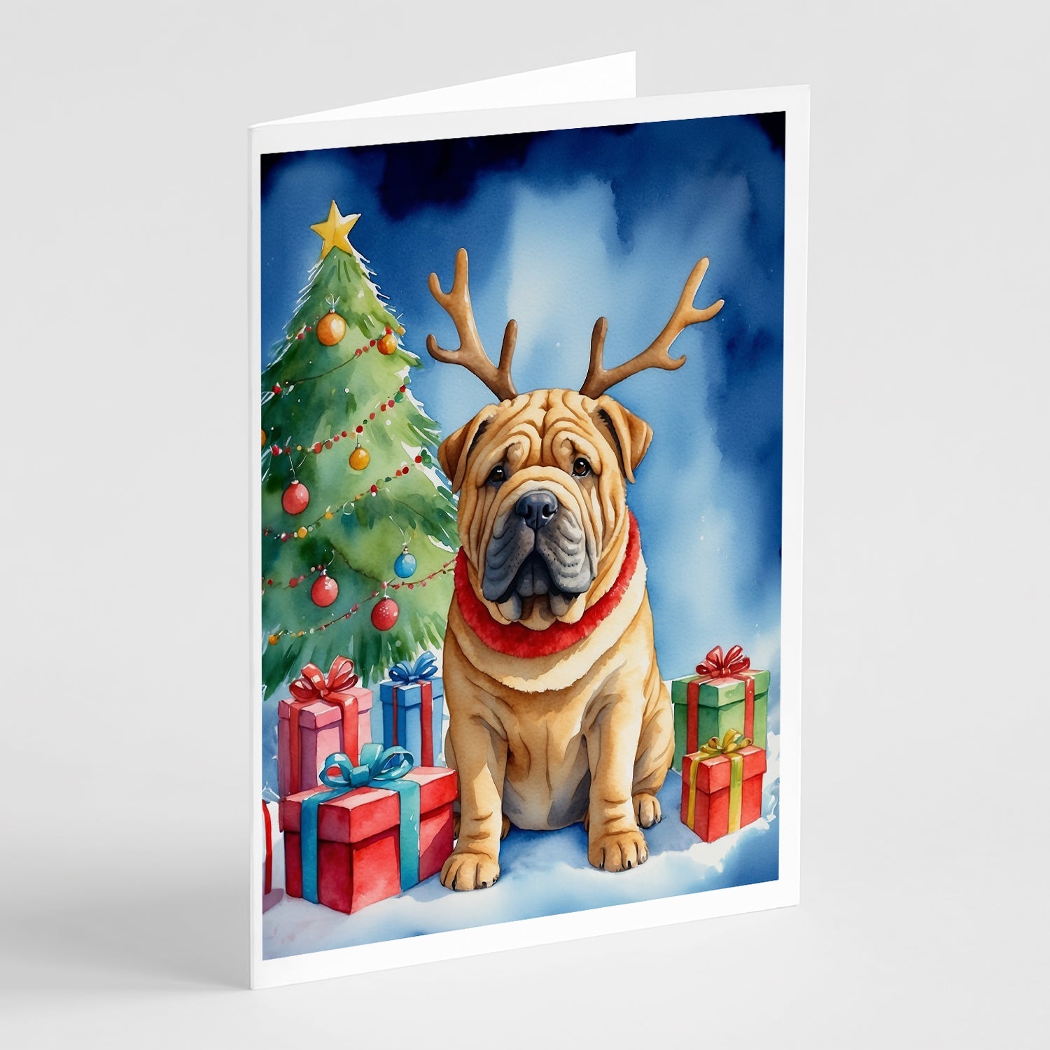 Shar Pei Christmas Reindeer Greeting Cards Pack of 8 Blank Cards with Envelopes Whimsical A7 Size 5x7