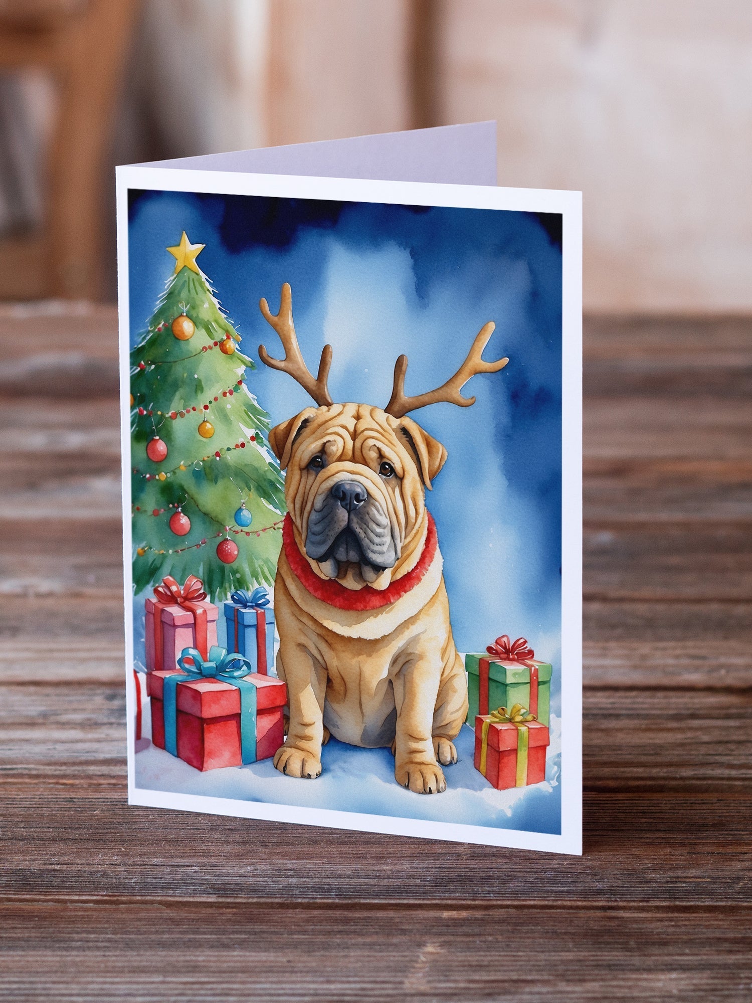 Shar Pei Christmas Reindeer Greeting Cards Pack of 8 Blank Cards with Envelopes Whimsical A7 Size 5x7