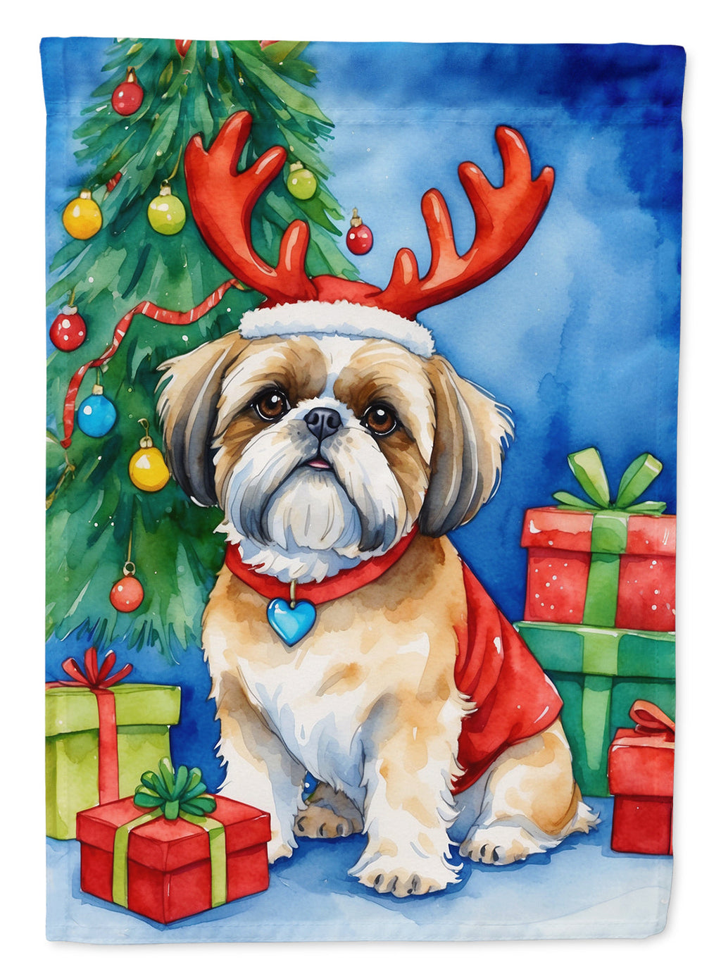 Shih Tzu Christmas Reindeer House Flag 28x40 Porch Sleeve Pole Decorative Outside Yard Banner Artwork Wall Hanging, Polyester