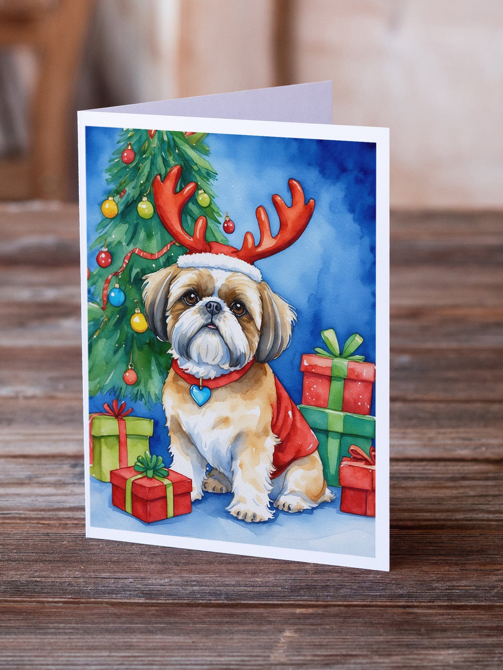 Shih Tzu Christmas Reindeer Greeting Cards Pack of 8 Blank Cards with Envelopes Whimsical A7 Size 5x7