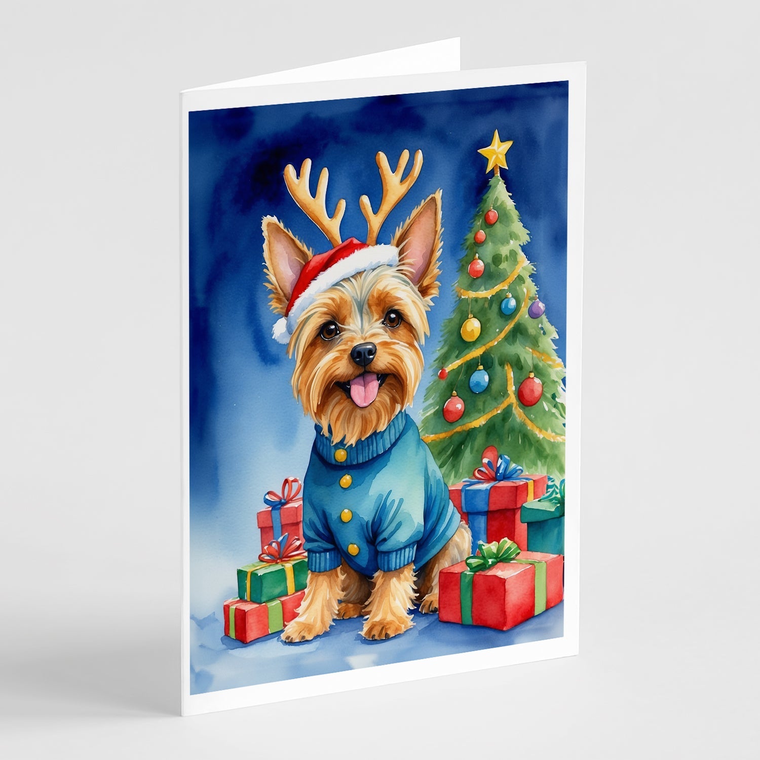 Silky Terrier Christmas Reindeer Greeting Cards Pack of 8 Blank Cards with Envelopes Whimsical A7 Size 5x7