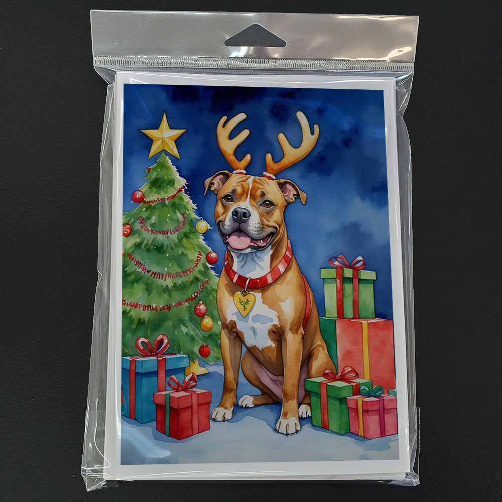 Staffordshire Bull Terrier Christmas Reindeer Greeting Cards Pack of 8 Blank Cards with Envelopes Whimsical A7 Size 5x7