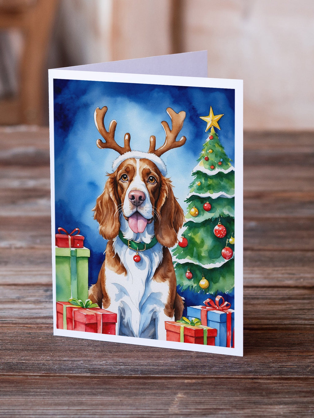 Welsh Springer Spaniel Christmas Reindeer Greeting Cards Pack of 8 Blank Cards with Envelopes Whimsical A7 Size 5x7