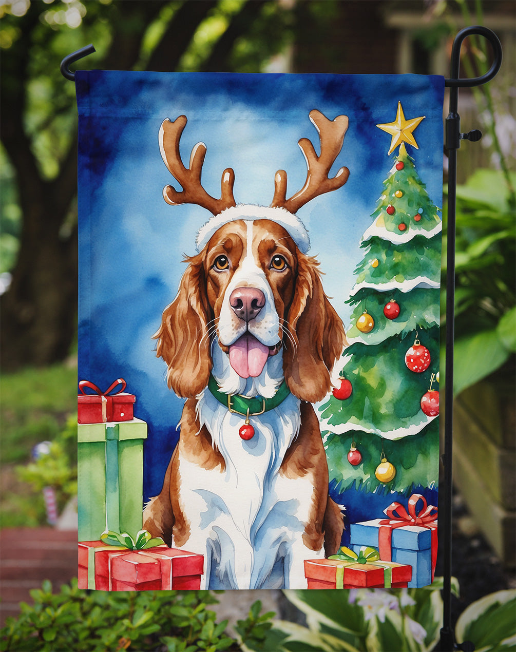 Welsh Springer Spaniel Christmas Reindeer Garden Flag Mailbox Decorative Yard Banner Outside Patio Artwork for Flower Beds, Garden Size, Multicolor