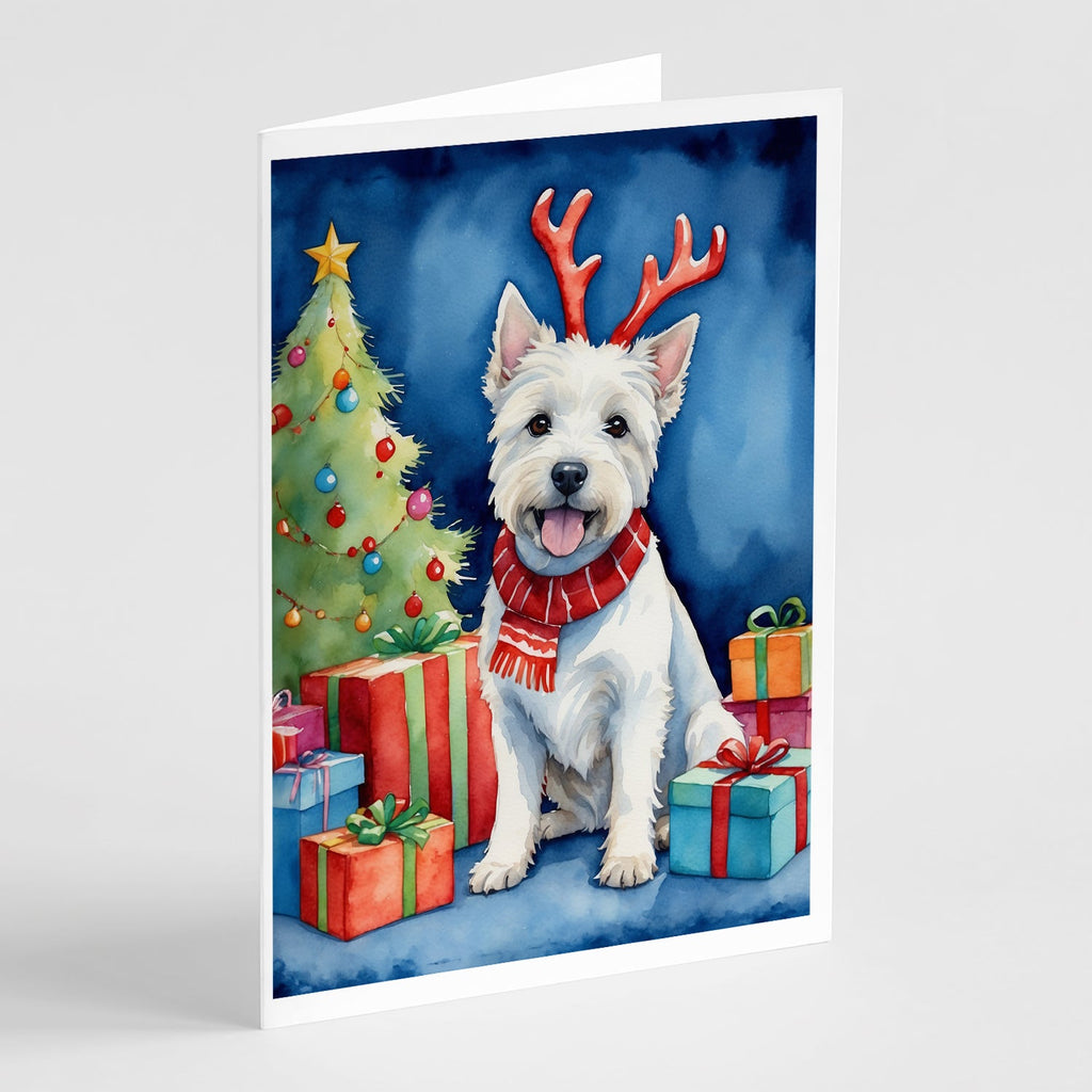 Westie Christmas Reindeer Greeting Cards Pack of 8 Blank Cards with Envelopes Whimsical A7 Size 5x7