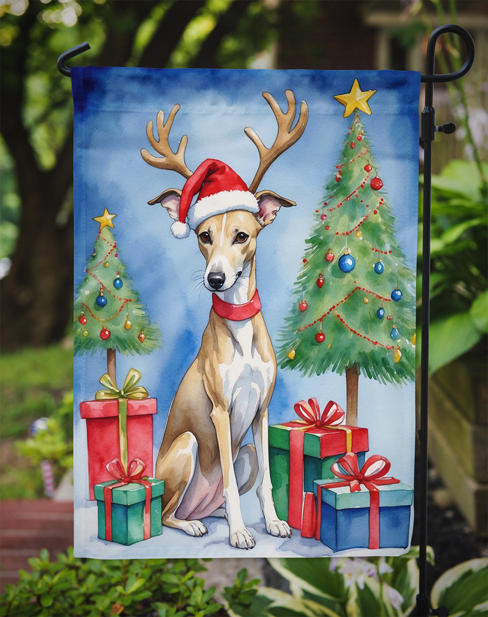 Whippet Christmas Reindeer Garden Flag Mailbox Decorative Yard Banner Outside Patio Artwork for Flower Beds, Garden Size, Multicolor