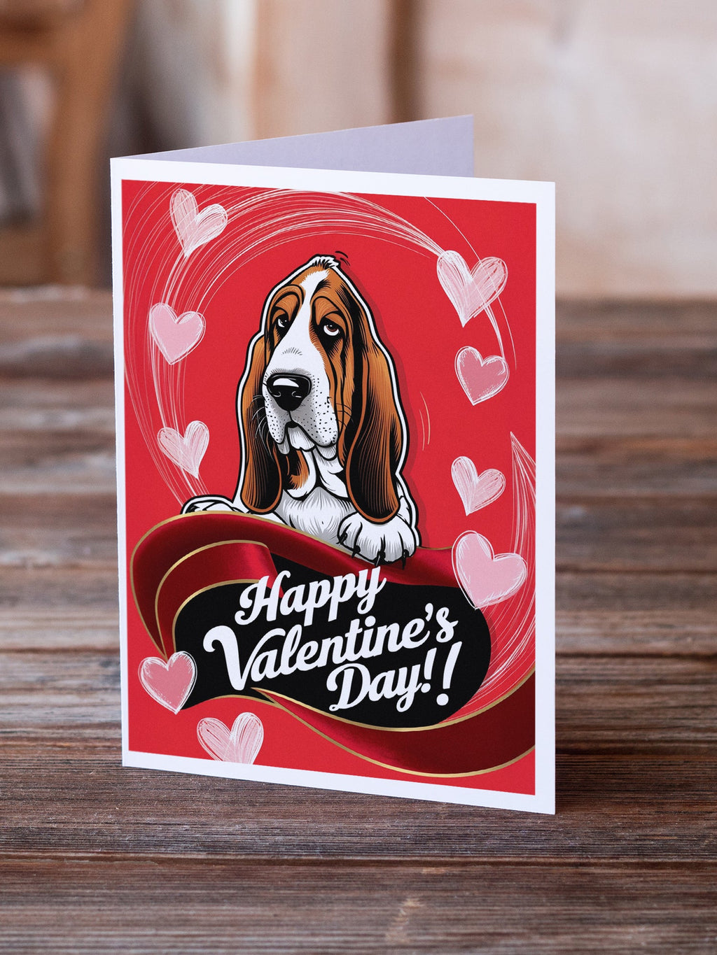 Basset Hound Happy Valentine's Day Greeting Cards Pack of 8 Blank Cards with Envelopes Whimsical A7 Size 5x7