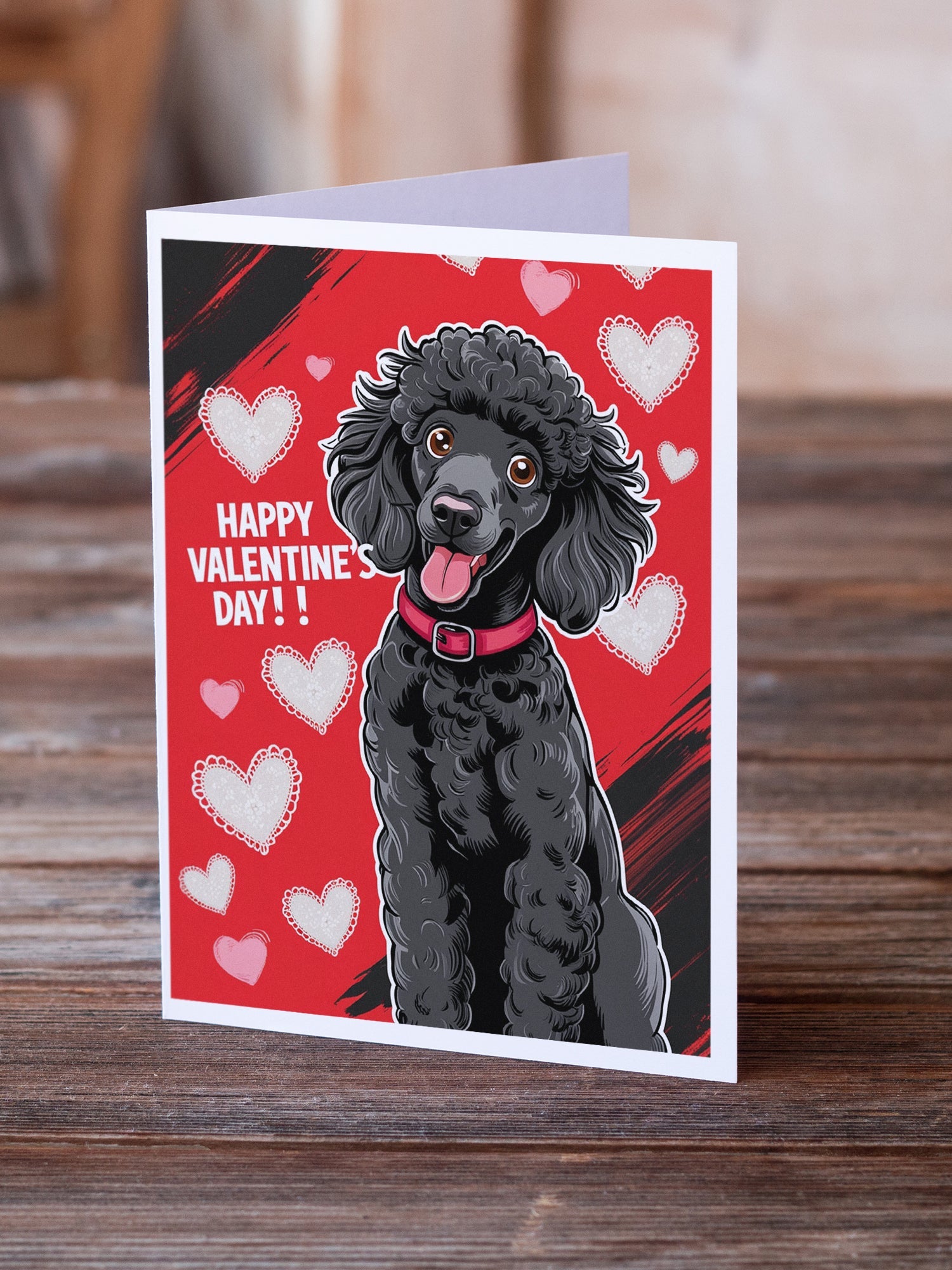 Black Standard Poodle Happy Valentine's Day Greeting Cards Pack of 8 Blank Cards with Envelopes Whimsical A7 Size 5x7