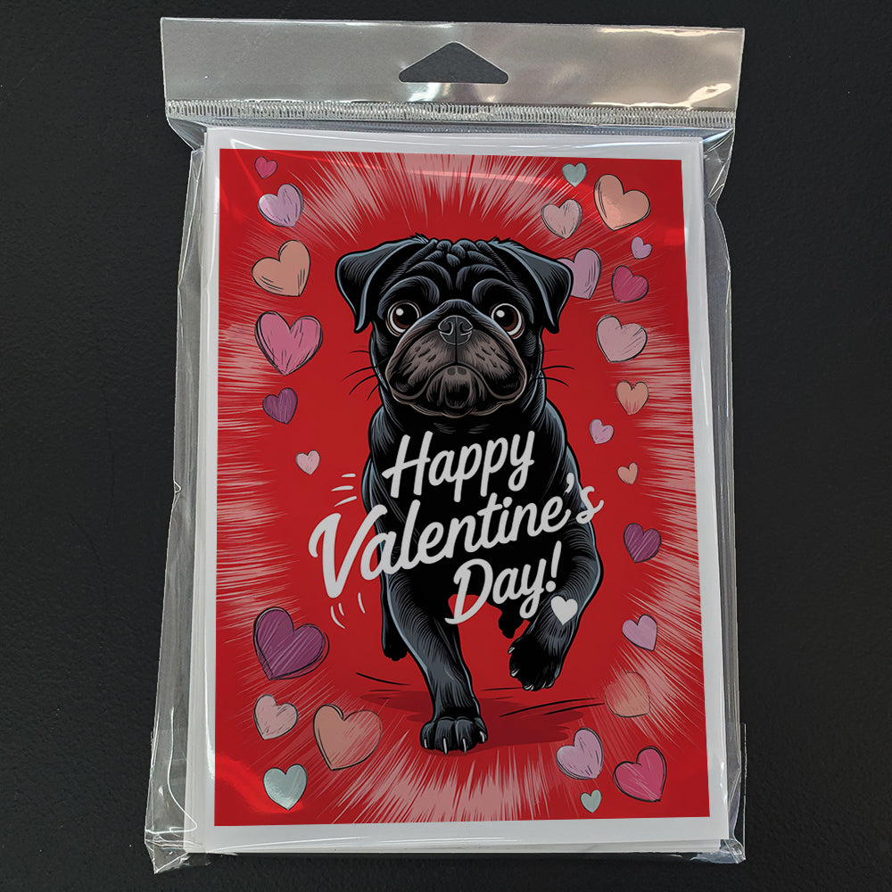 Black Pug Happy Valentine's Day Greeting Cards Pack of 8 Blank Cards with Envelopes Whimsical A7 Size 5x7