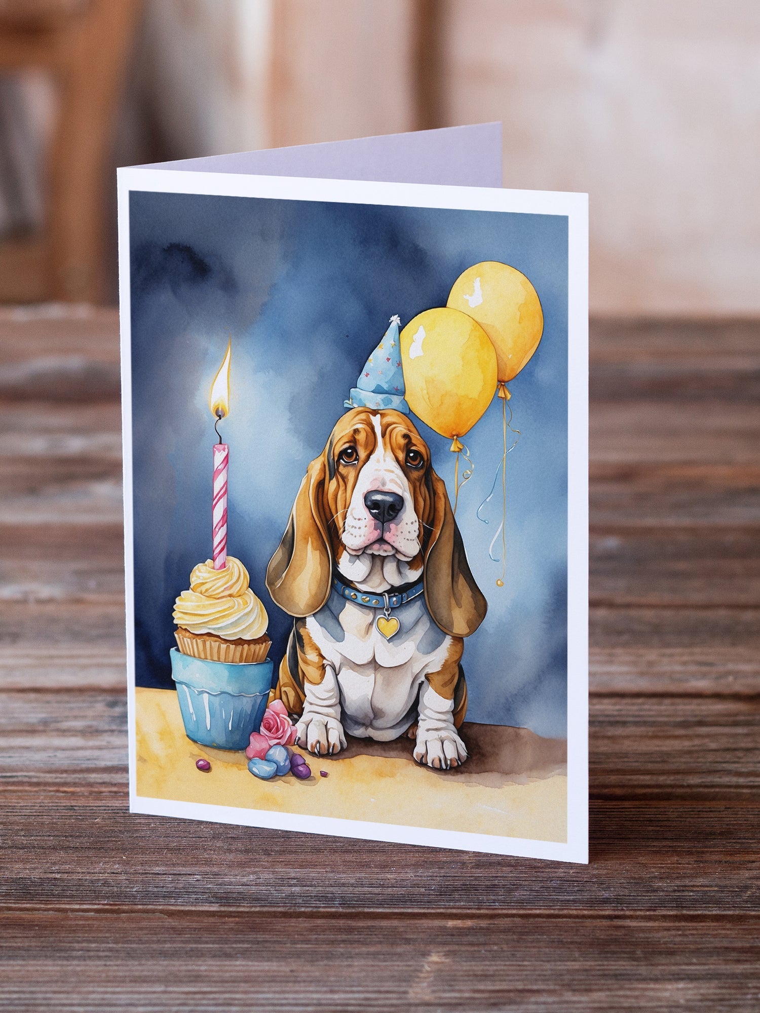 Basset Hound Happy Birthday Greeting Cards Pack of 8 Blank Cards with Envelopes Whimsical A7 Size 5x7