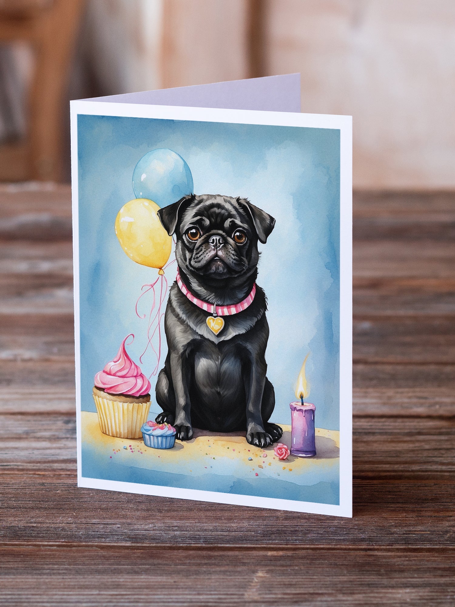 Black Pug Happy Birthday Greeting Cards Pack of 8 Blank Cards with Envelopes Whimsical A7 Size 5x7