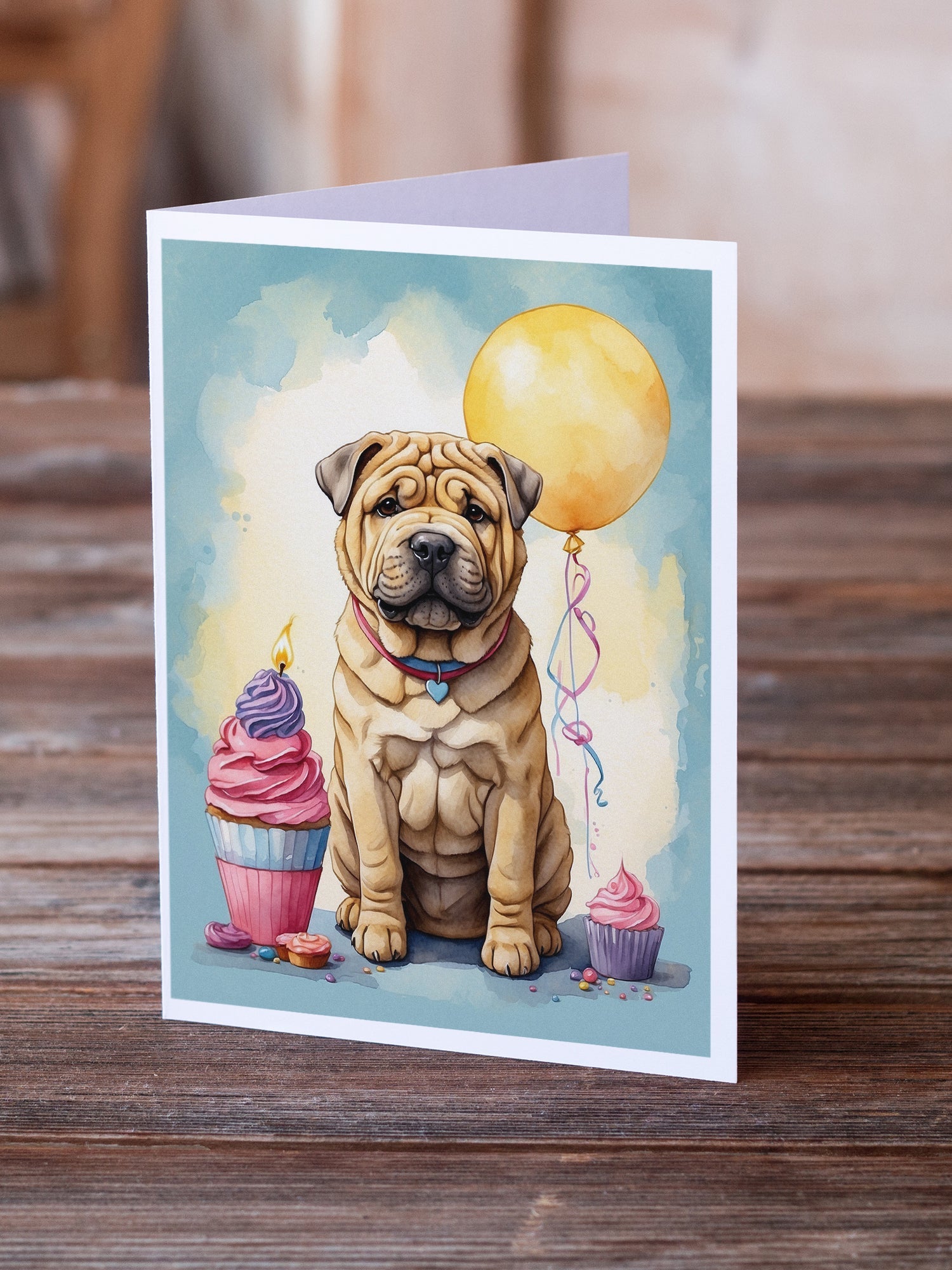 Shar Pei Happy Birthday Greeting Cards Pack of 8 Blank Cards with Envelopes Whimsical A7 Size 5x7