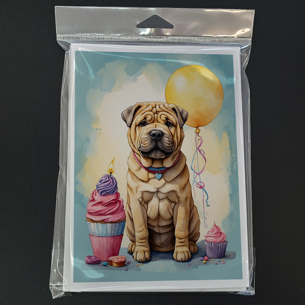 Shar Pei Happy Birthday Greeting Cards Pack of 8 Blank Cards with Envelopes Whimsical A7 Size 5x7