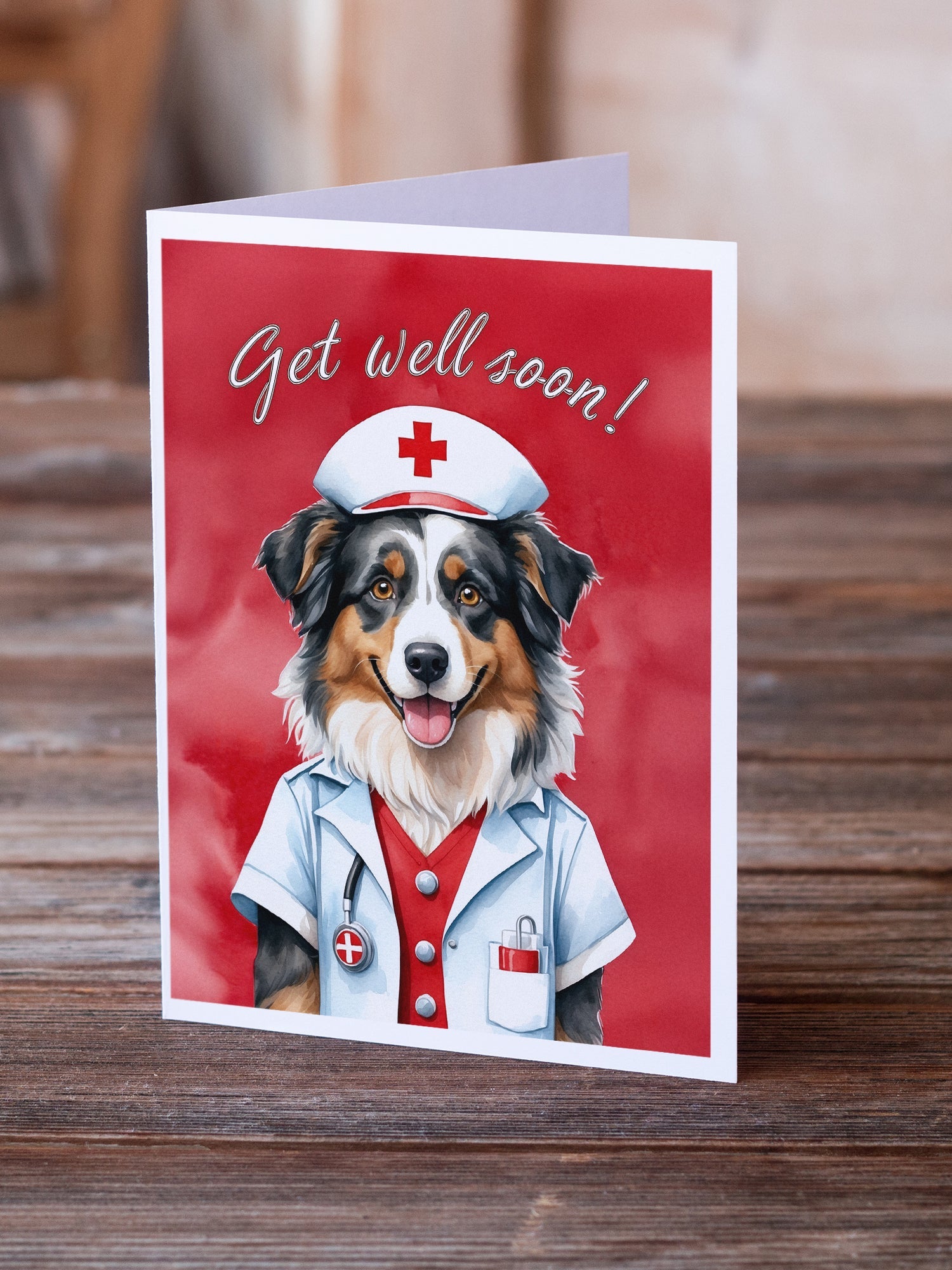 Australian Shepherd Get Well Soon Greeting Cards Pack of 8 Blank Cards with Envelopes Whimsical A7 Size 5x7