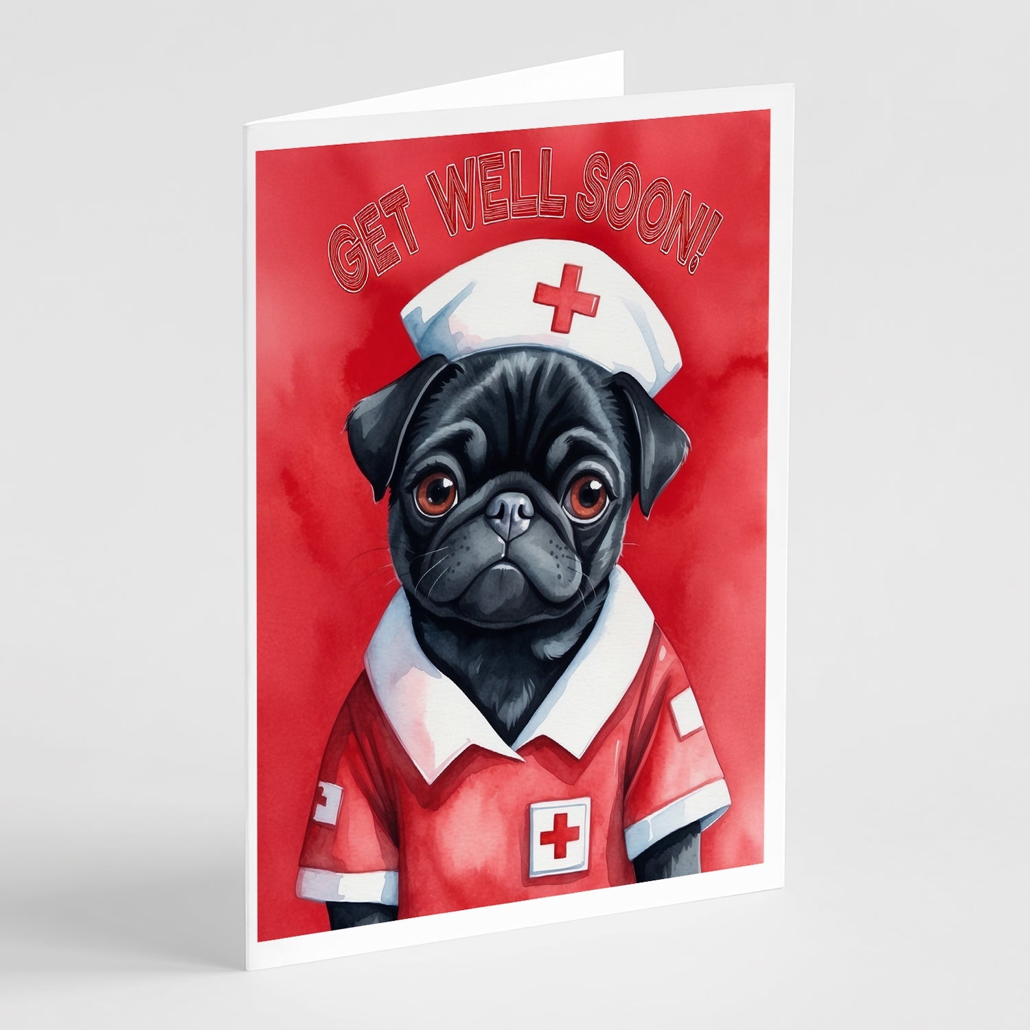 Black Pug Get Well Soon Greeting Cards Pack of 8 Blank Cards with Envelopes Whimsical A7 Size 5x7