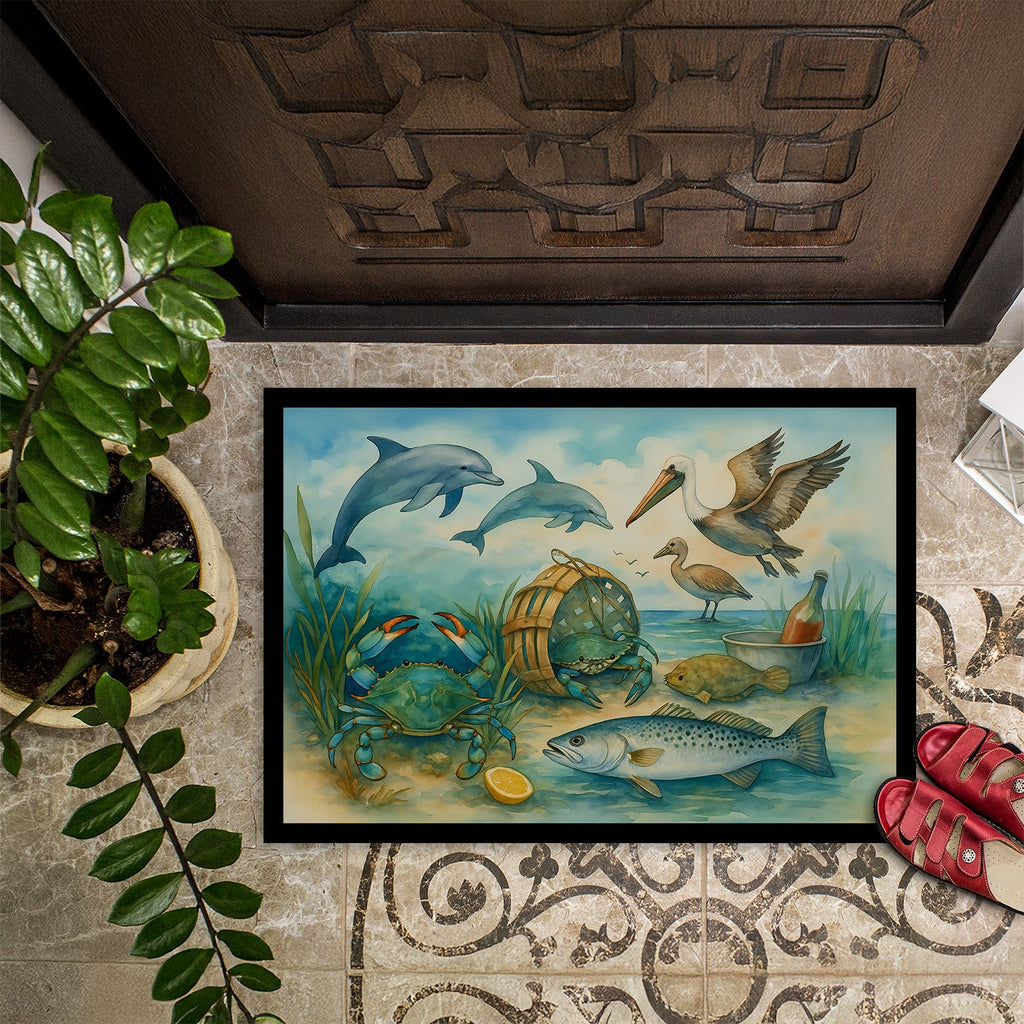 Along the coast - Crab Pelican Dolphins Doormat Indoor Outdoor 18H X 27W Front Door Mat Rugs for Entryway, Non Slip Washable