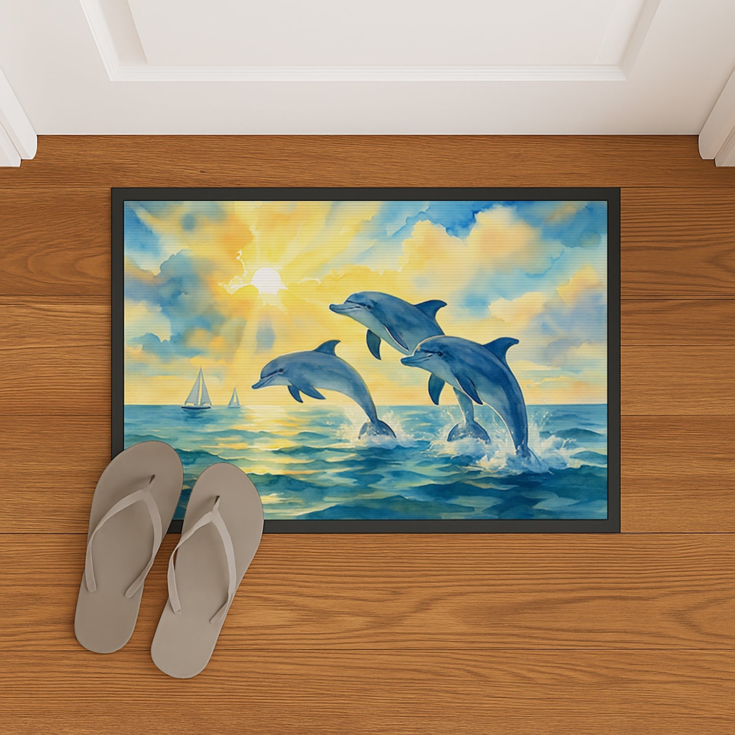 Dolphins Jumping in the Bay Doormat Indoor Outdoor 24H X 36W Front Door Mat Rugs for Entryway, Non Slip Washable Low Pile,