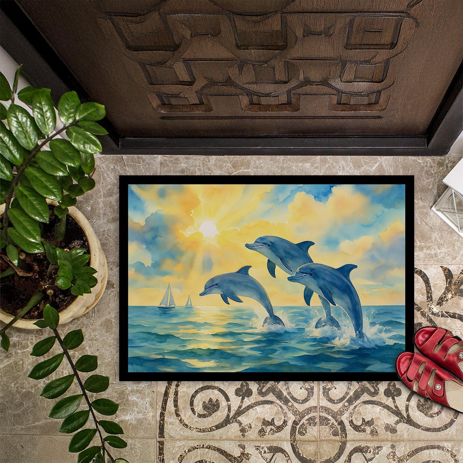 Dolphins Jumping in the Bay Doormat Indoor Outdoor 18H X 27W Front Door Mat Rugs for Entryway, Non Slip Washable