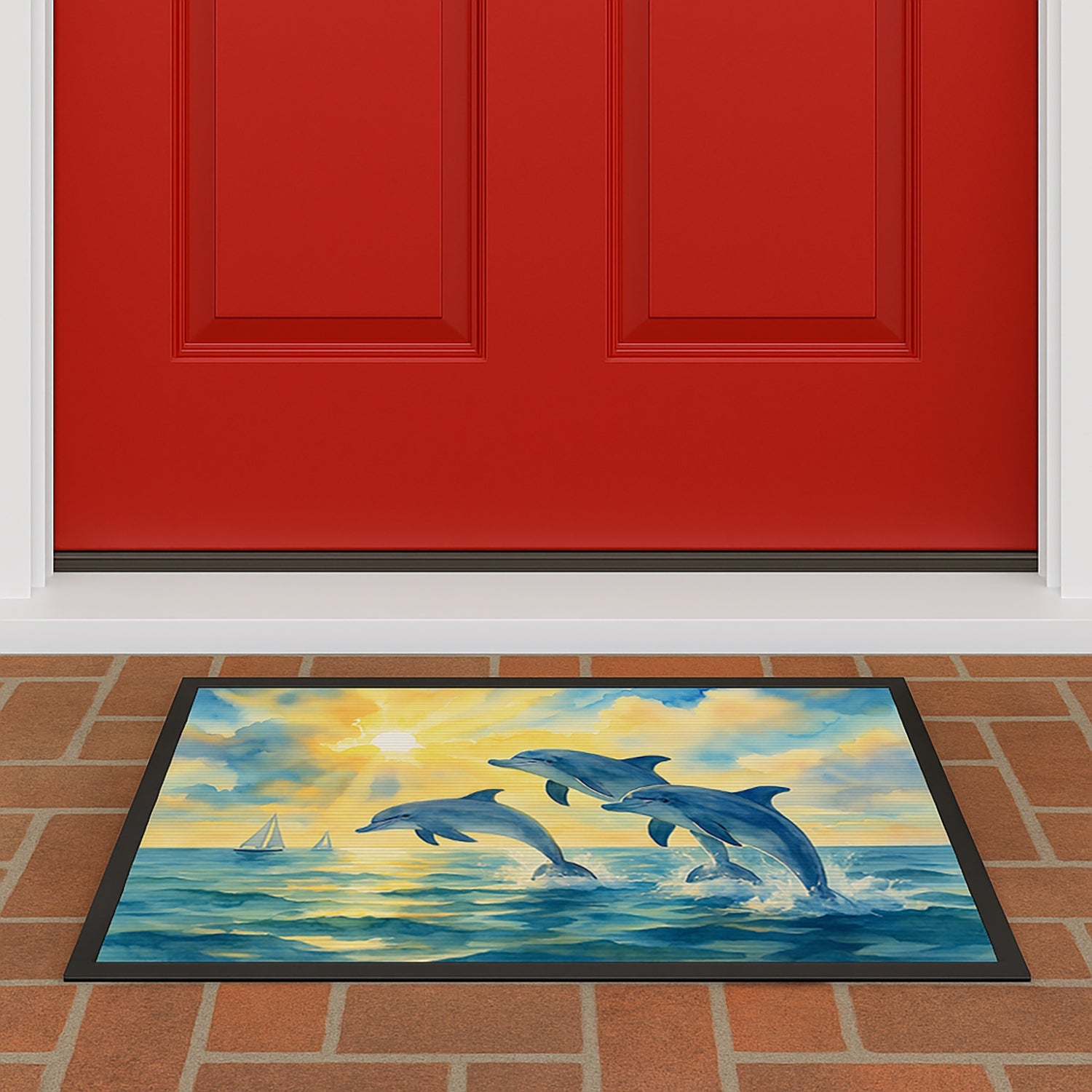 Dolphins Jumping in the Bay Doormat Indoor Outdoor 18H X 27W Front Door Mat Rugs for Entryway, Non Slip Washable