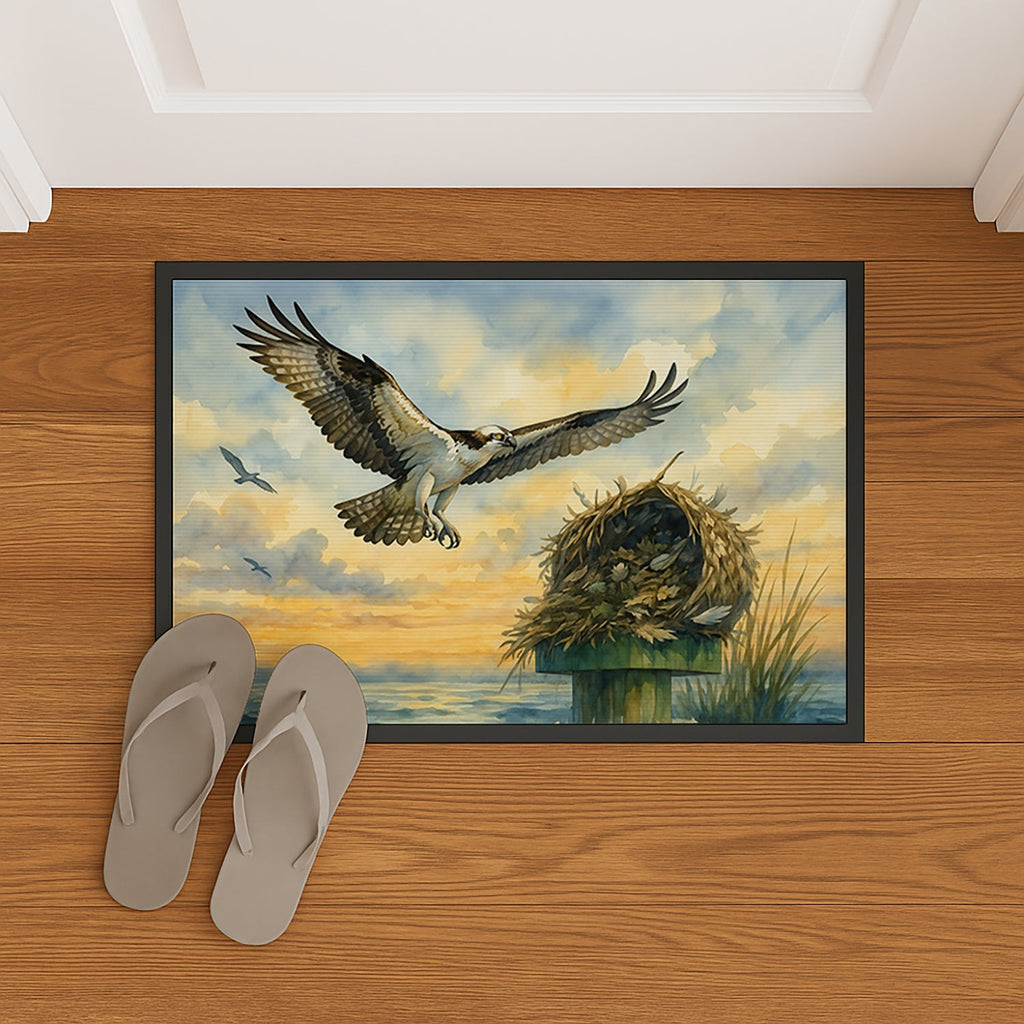 Osprey Nest Coastal Bird Wildlife Ocean Watercolor Doormat Indoor Outdoor 24H X 36W Front Door Mat Rugs for Entryway, Non Slip Washable Low Pile,